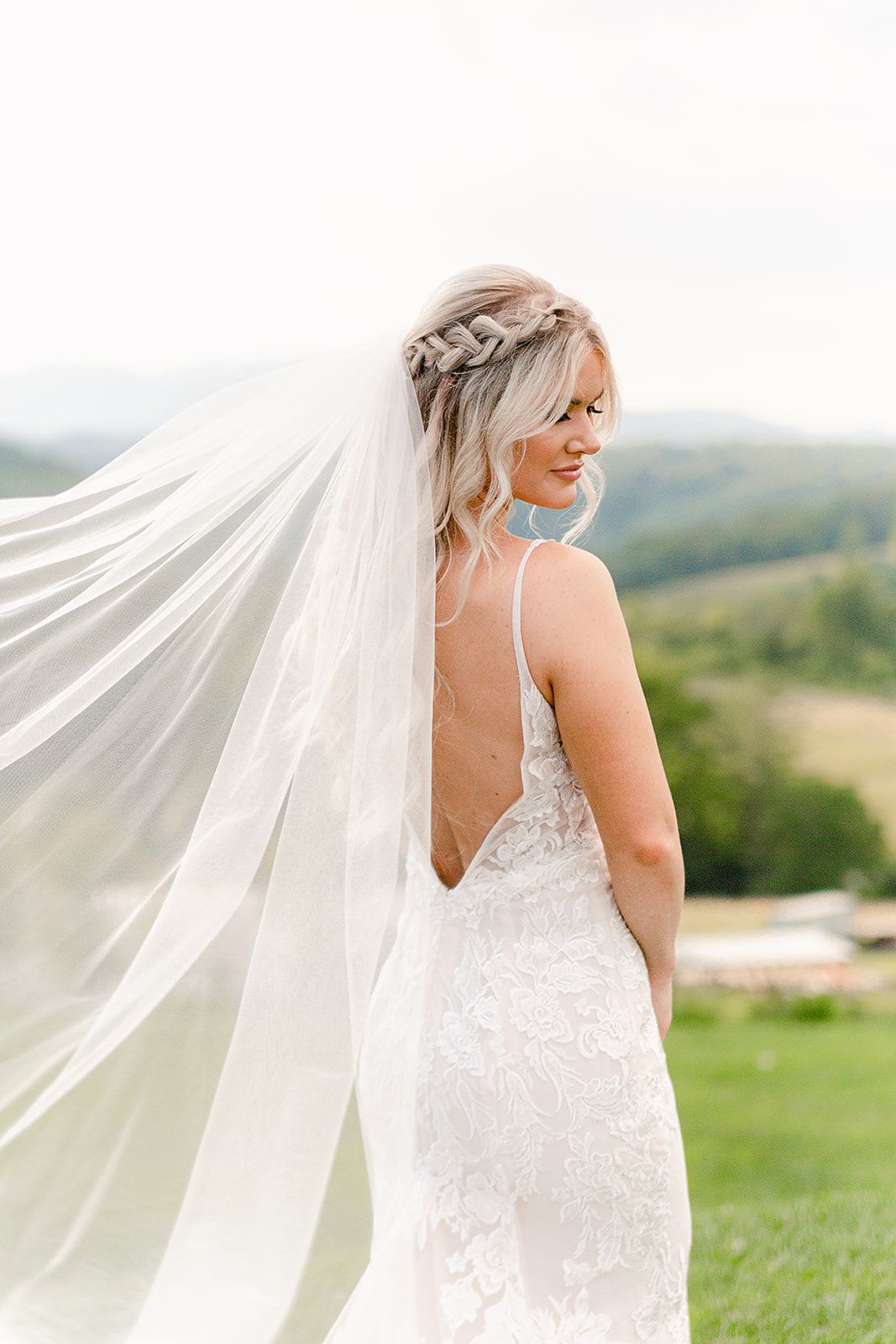 Romantic bridal portrait showcasing detailed back of lace gown with flowing veil in mountain setting.