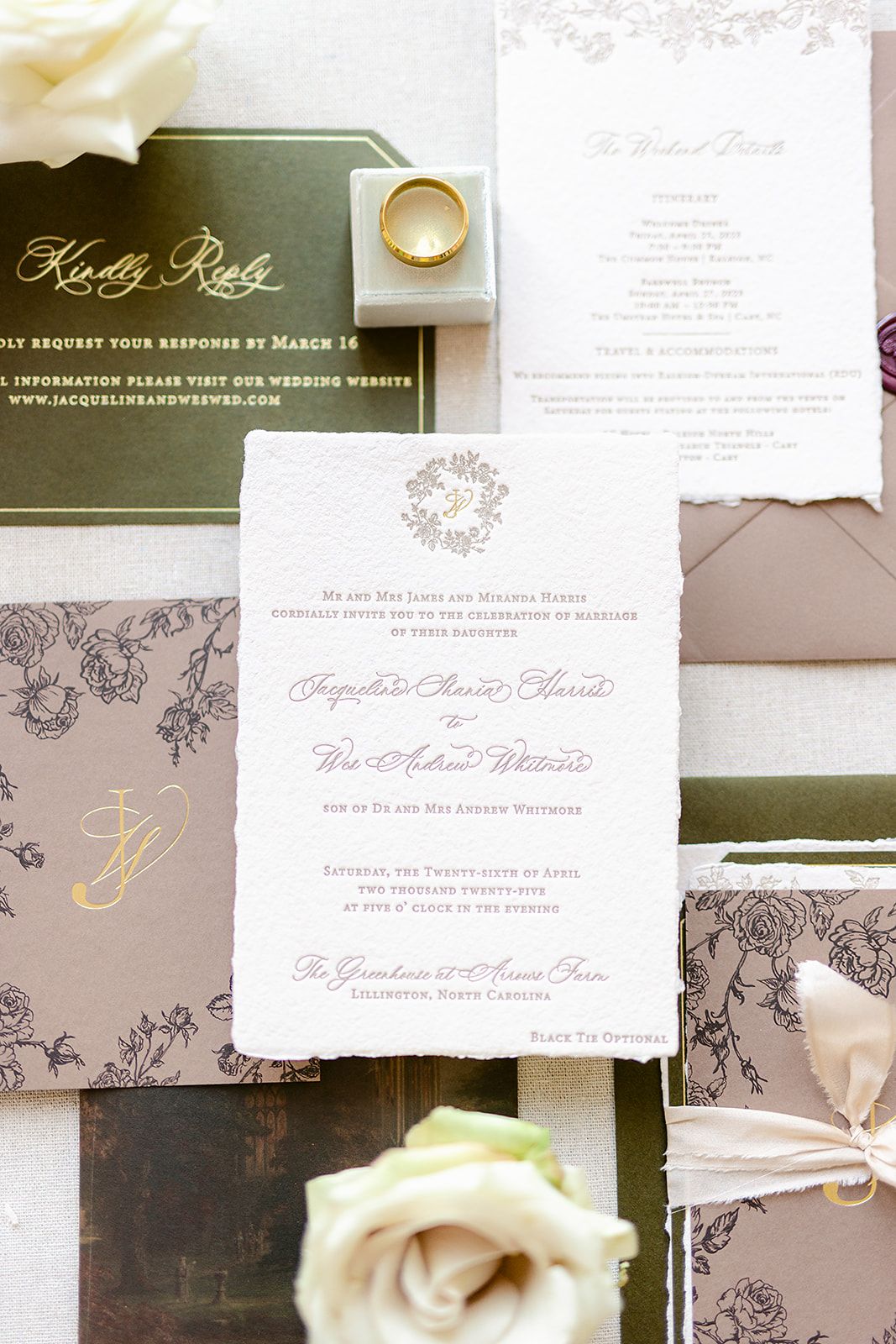 Elegant wedding invitation suite featuring olive green and taupe colors with gold accents and a white rose detail.