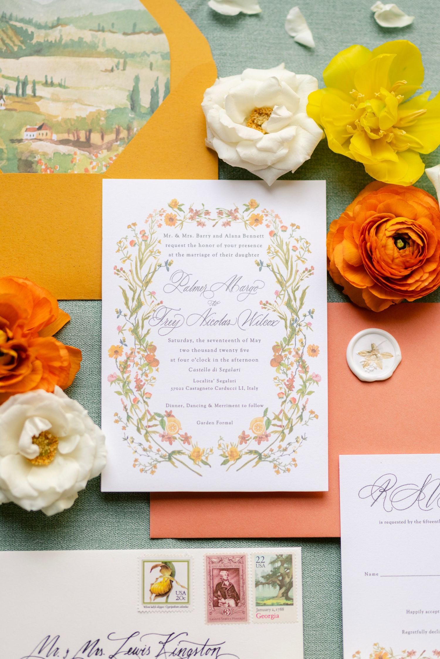 Elegant wedding invitation suite with orange and white flowers against sage green background and coral accents.