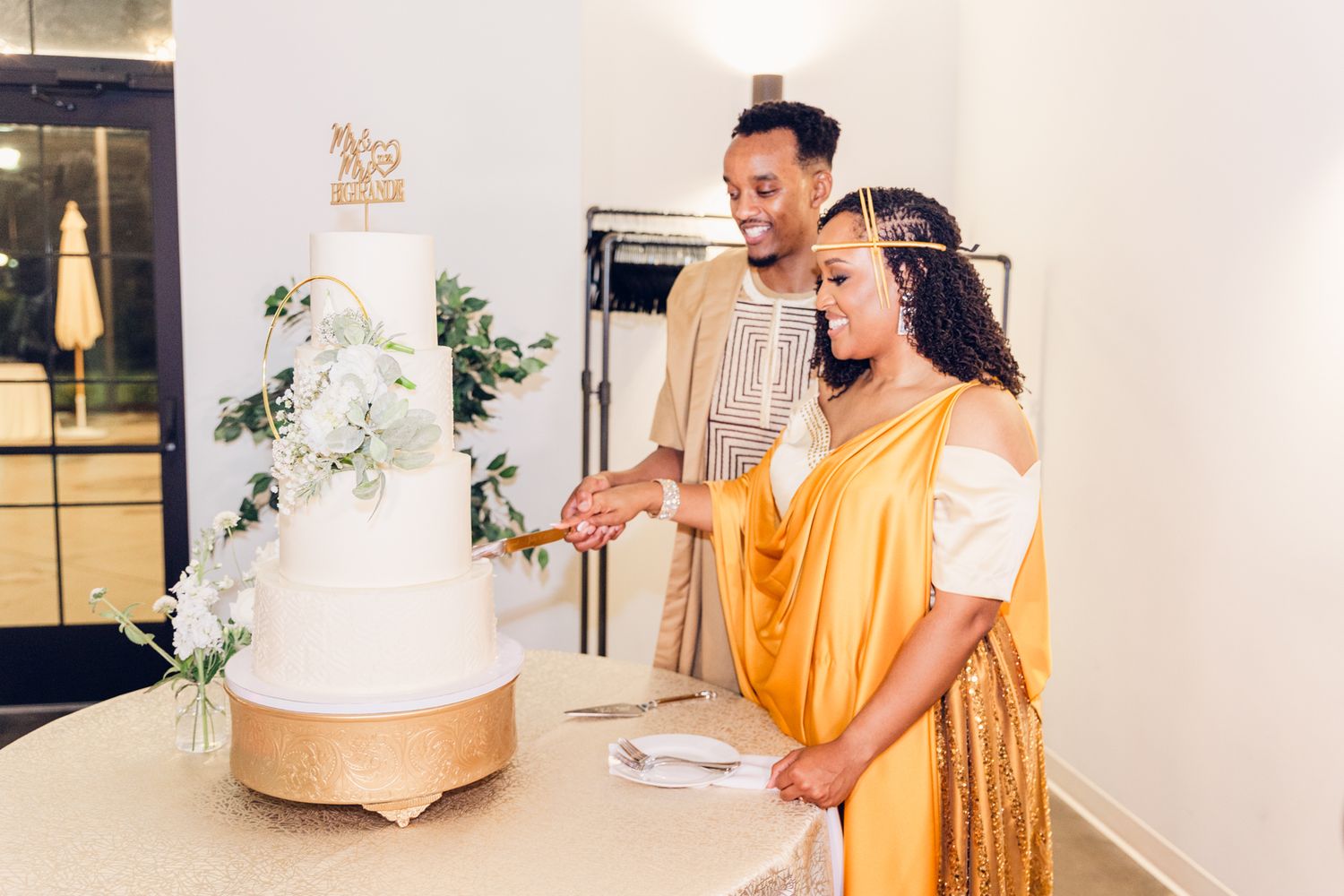Bridesmaids in yellow dresses celebrating during wedding preparations.
