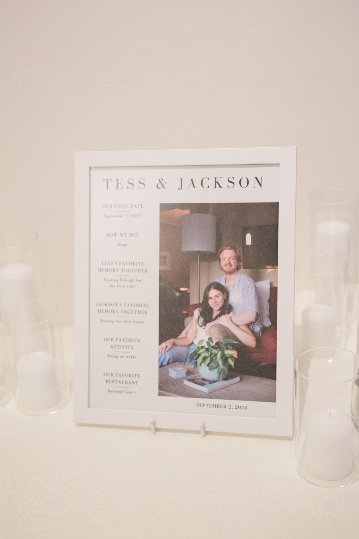 Wedding announcement or invitation with event details displayed in white frame.