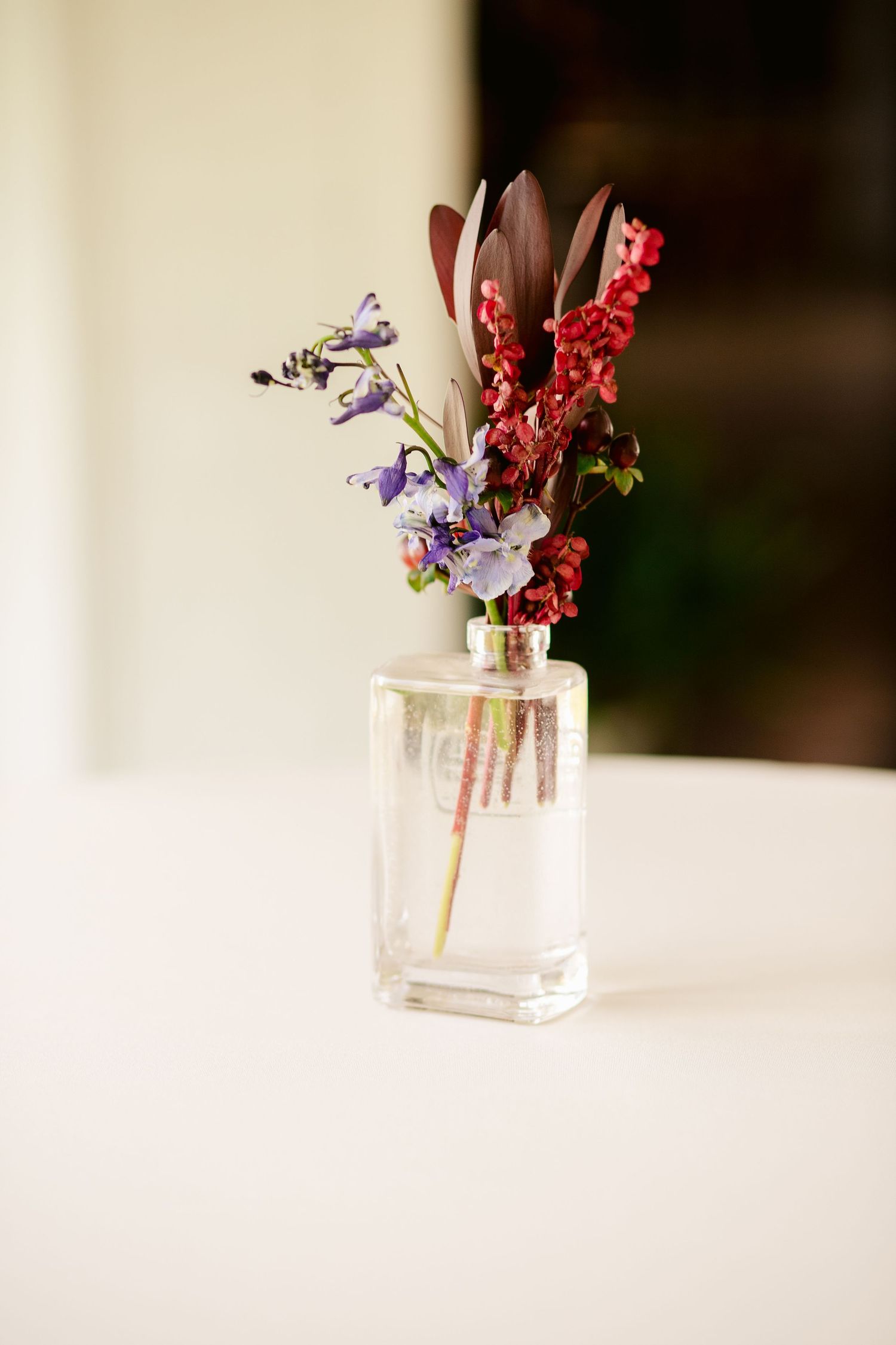 Simple floral arrangement with purple and red blooms in clear rectangular vase.