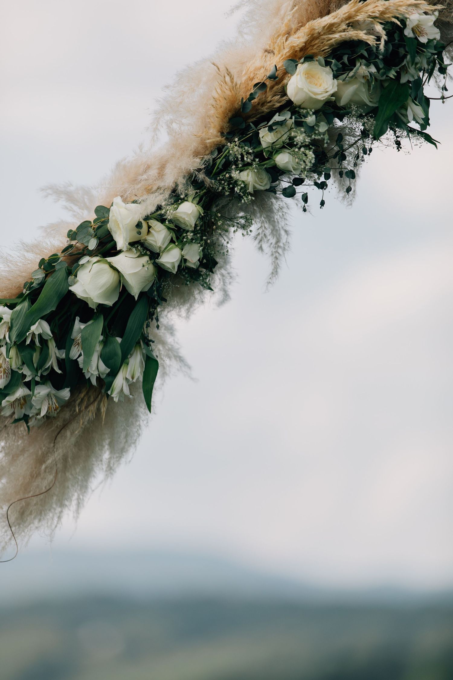 A curved floral arch with white roses, pampas grass and greenery against a blurred outdoor background.