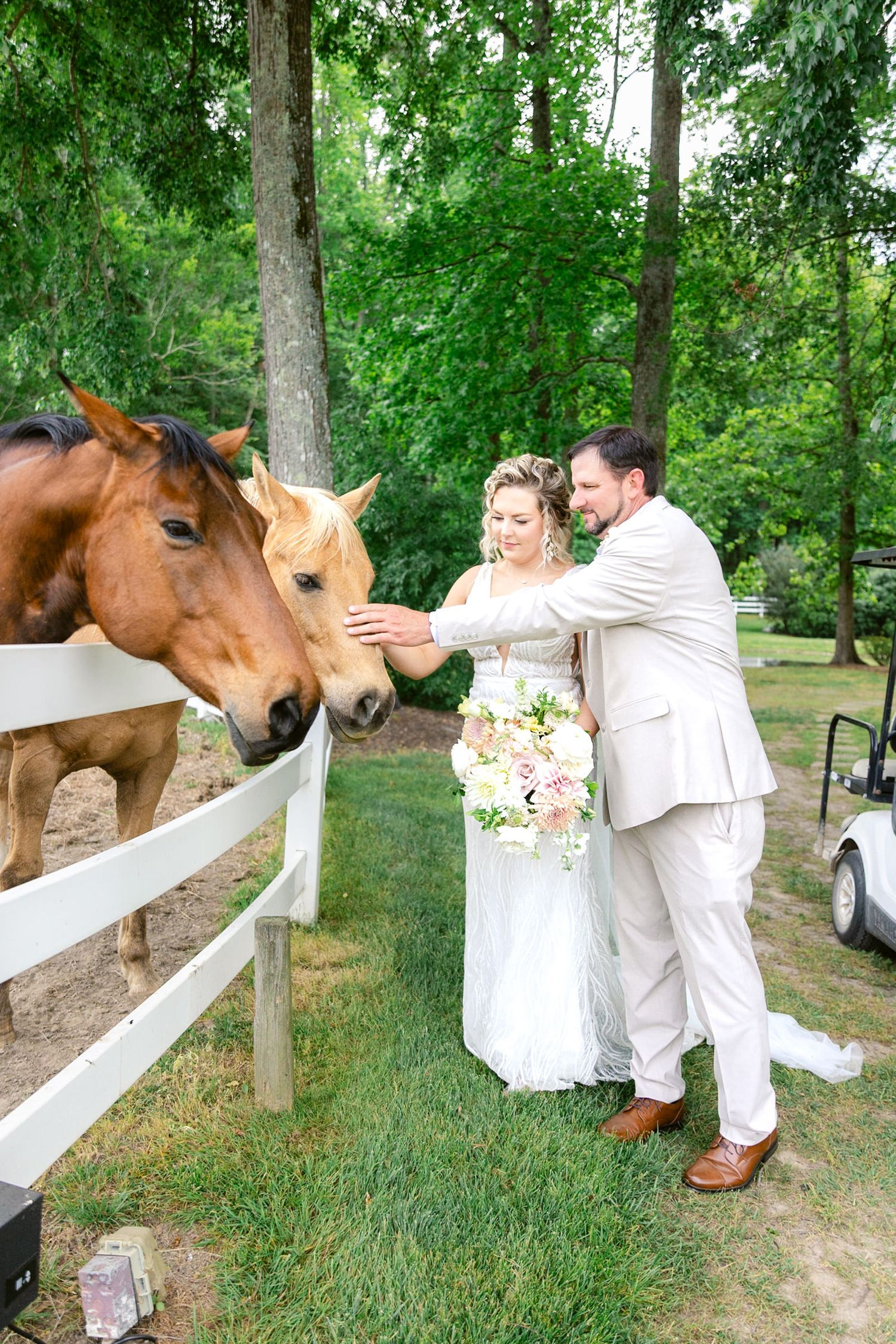 A couple in wedding attire pets two horses over a white fence on a lush green property.