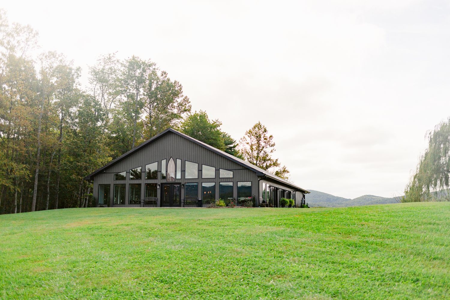 Panoramic sequence showing a modern house nestled in a lush green hillside surrounded by tall trees.