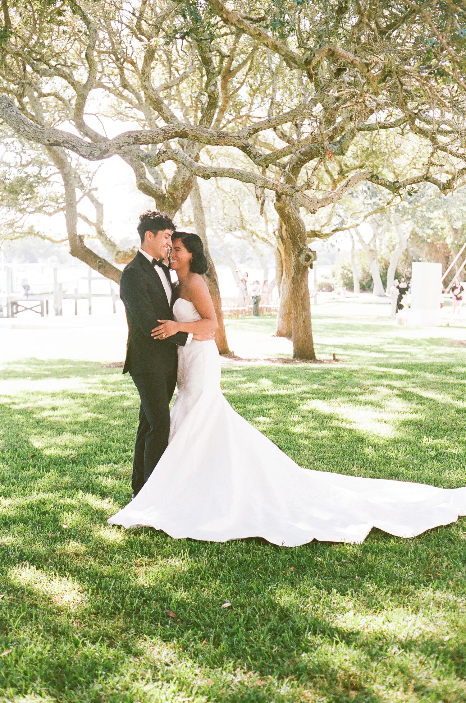 Wedding couple embracing under sunlit trees with bride's dress flowing in the breeze.