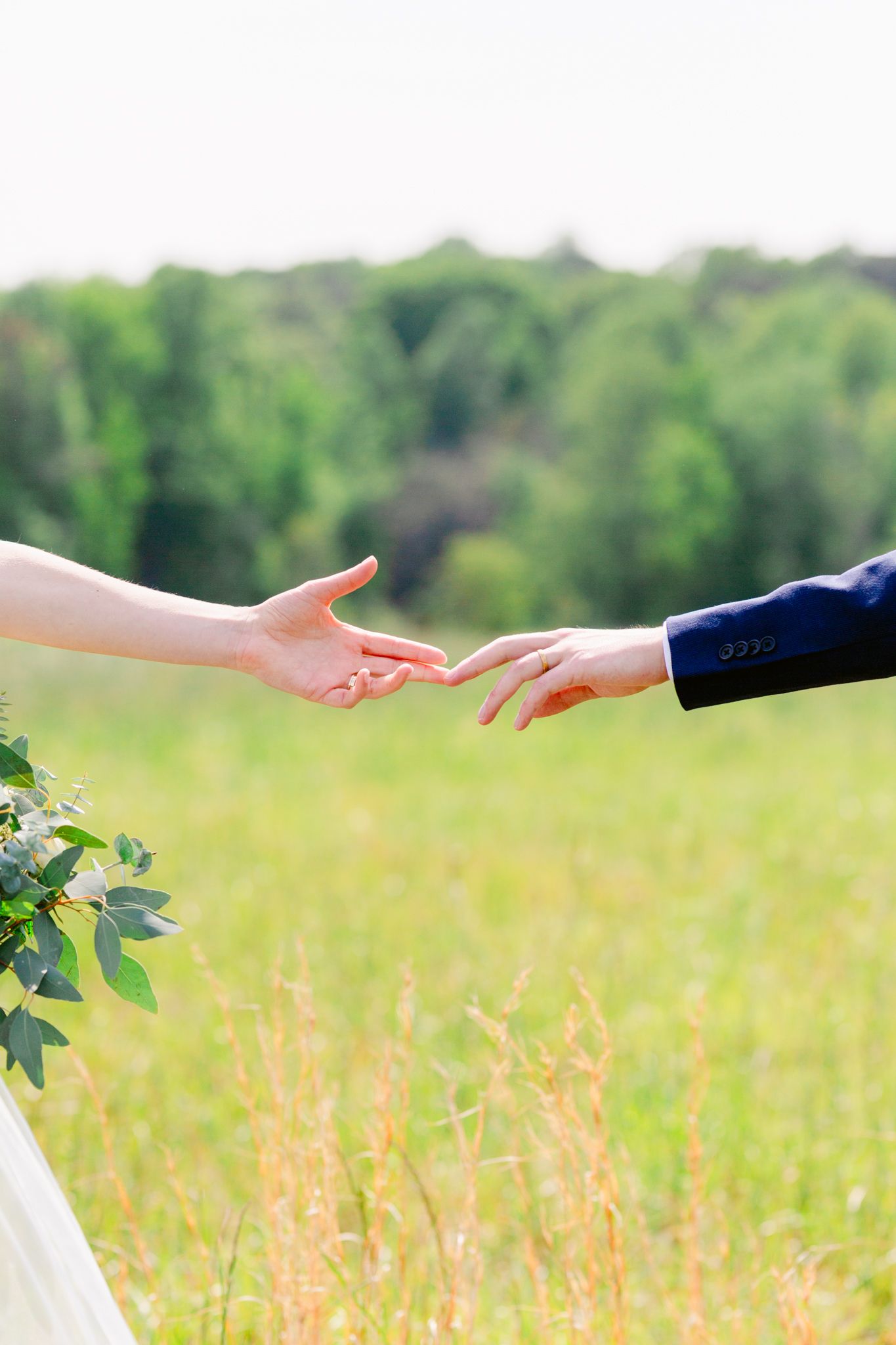 Close-up of bride and groom's hands reaching for each other across a golden wheat field.