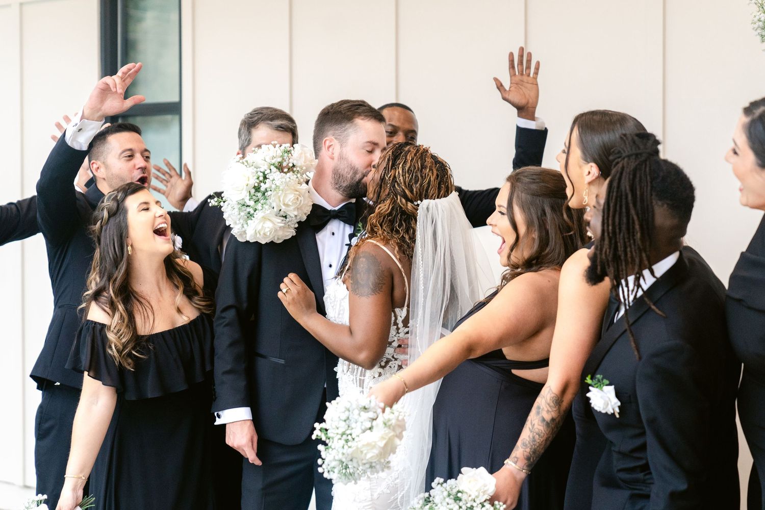 A collage of candid wedding celebration moments showing joyful dancing and laughter at an elegant reception party.