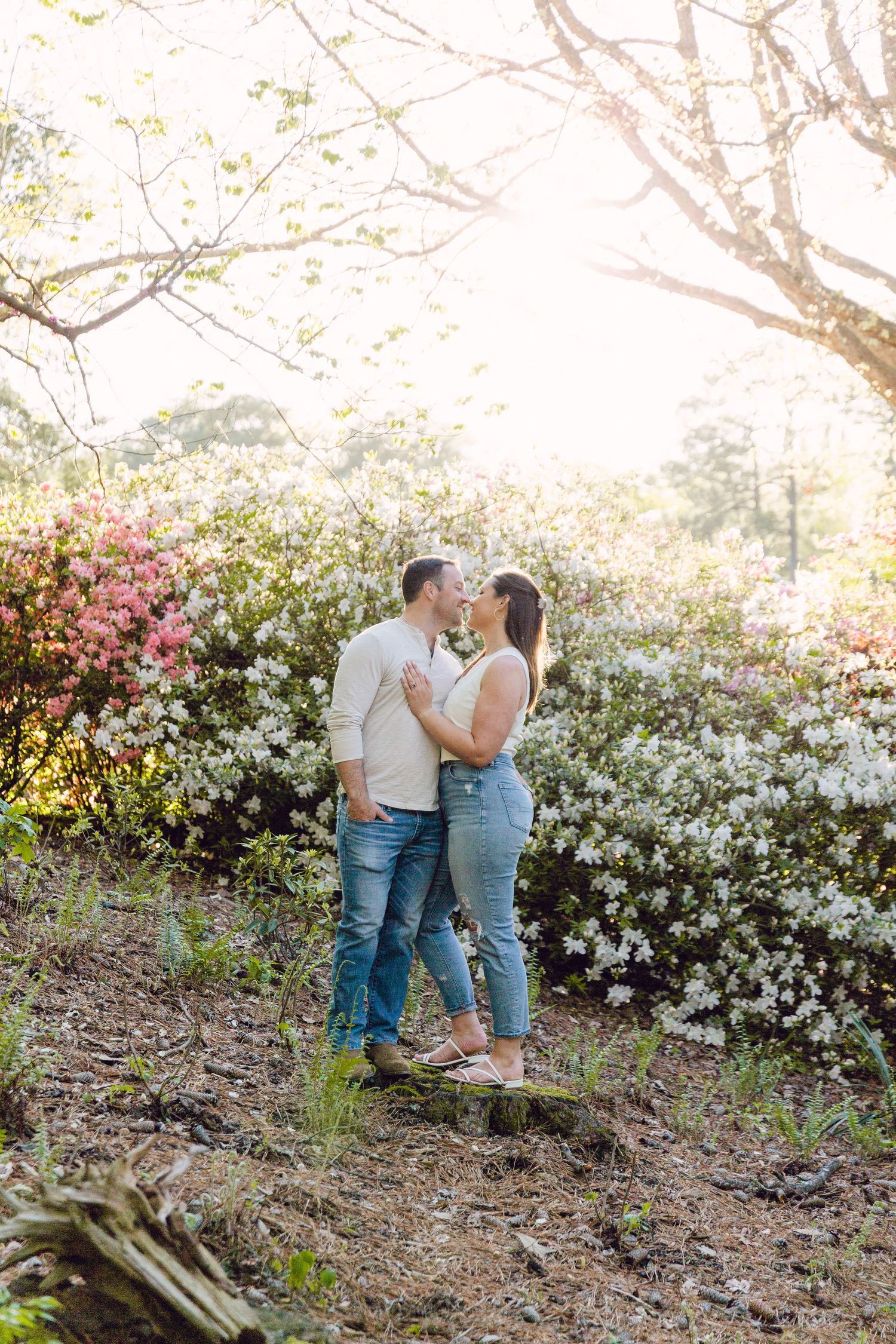 A couple embraces among blooming spring flowers and trees in a sunlit garden setting.