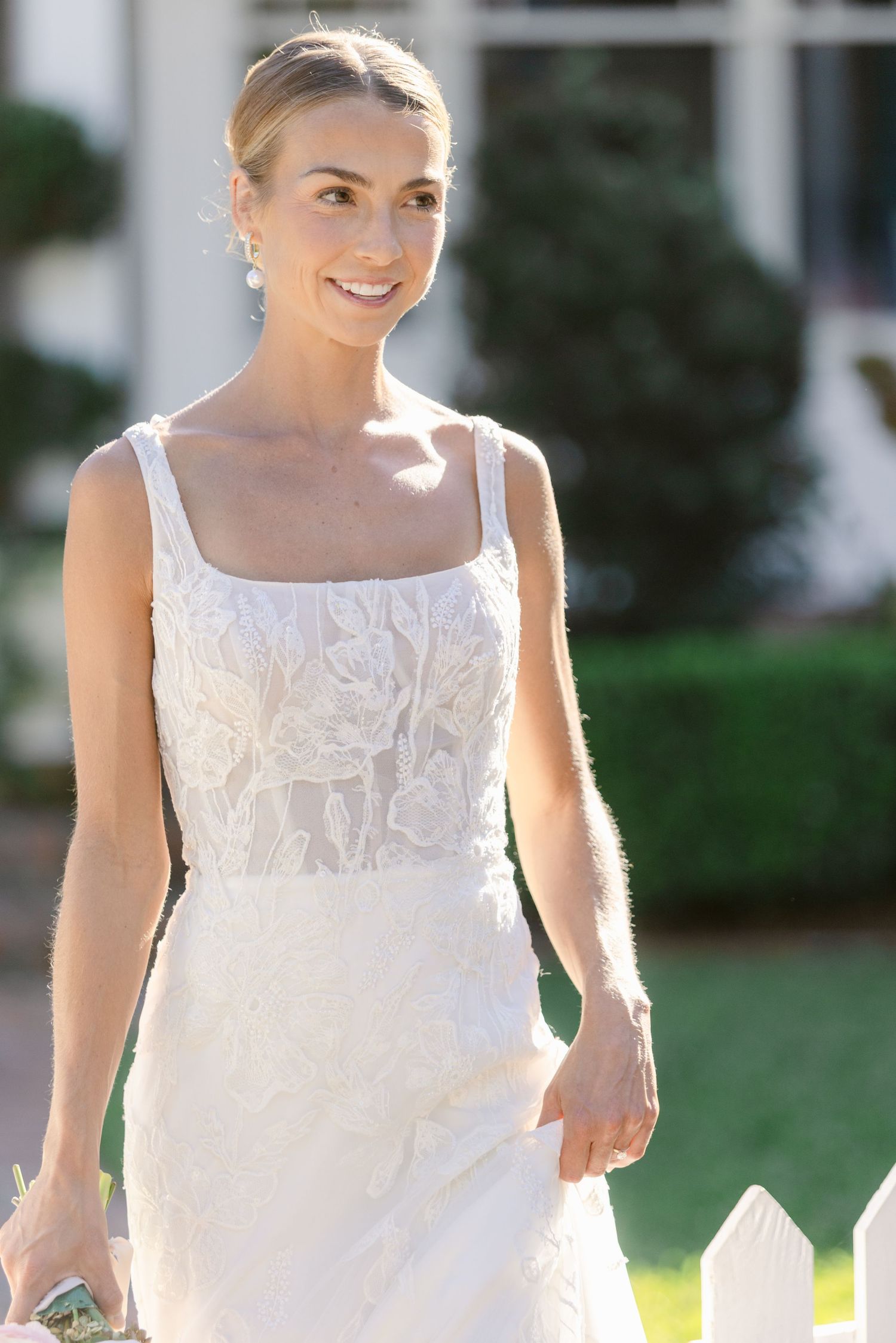A series of photos showing someone wearing a white lace sleeveless summer dress outdoors.