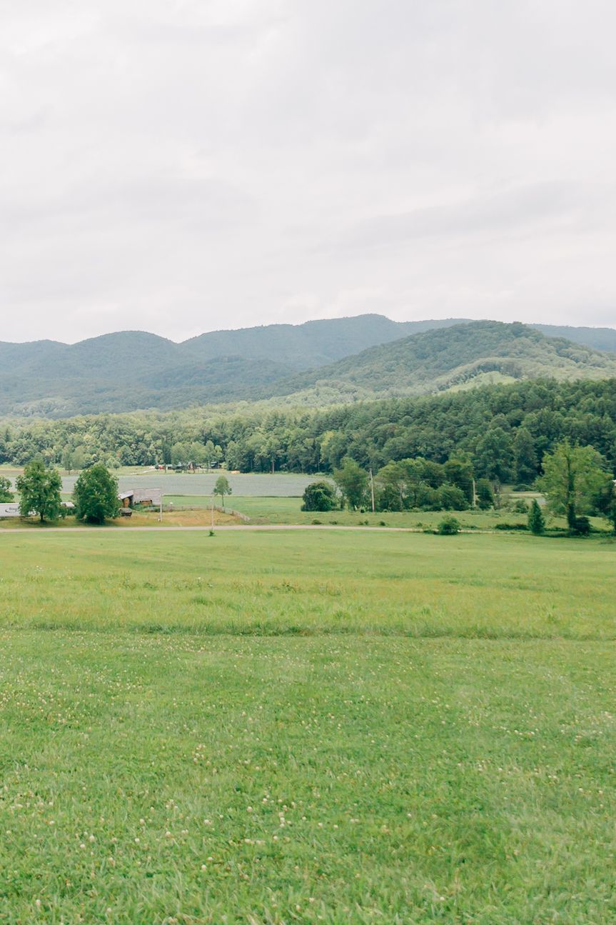 Rolling green meadows stretch across a peaceful valley surrounded by forested mountains under an overcast sky.