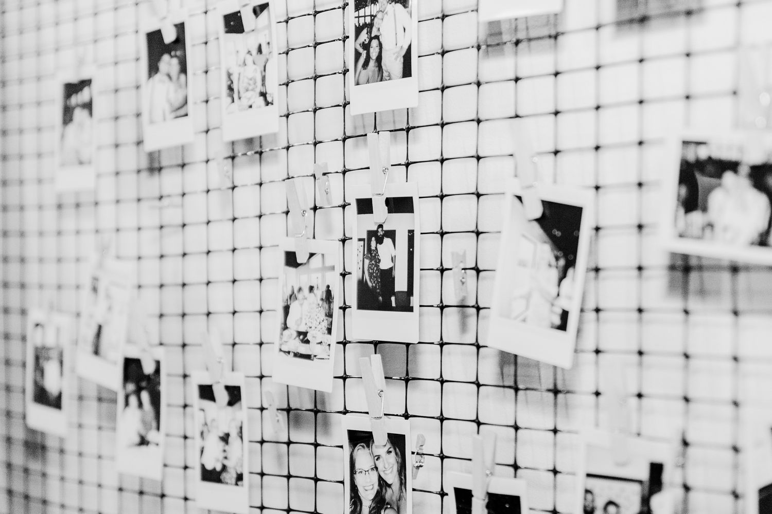 Black and white photographs arranged in a grid pattern on a mesh board create an artistic display.
