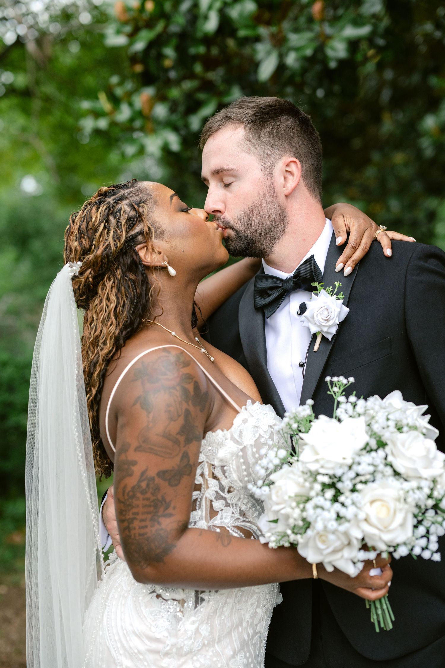 A romantic sequence of wedding photos showing a couple sharing intimate moments with white floral bouquets.