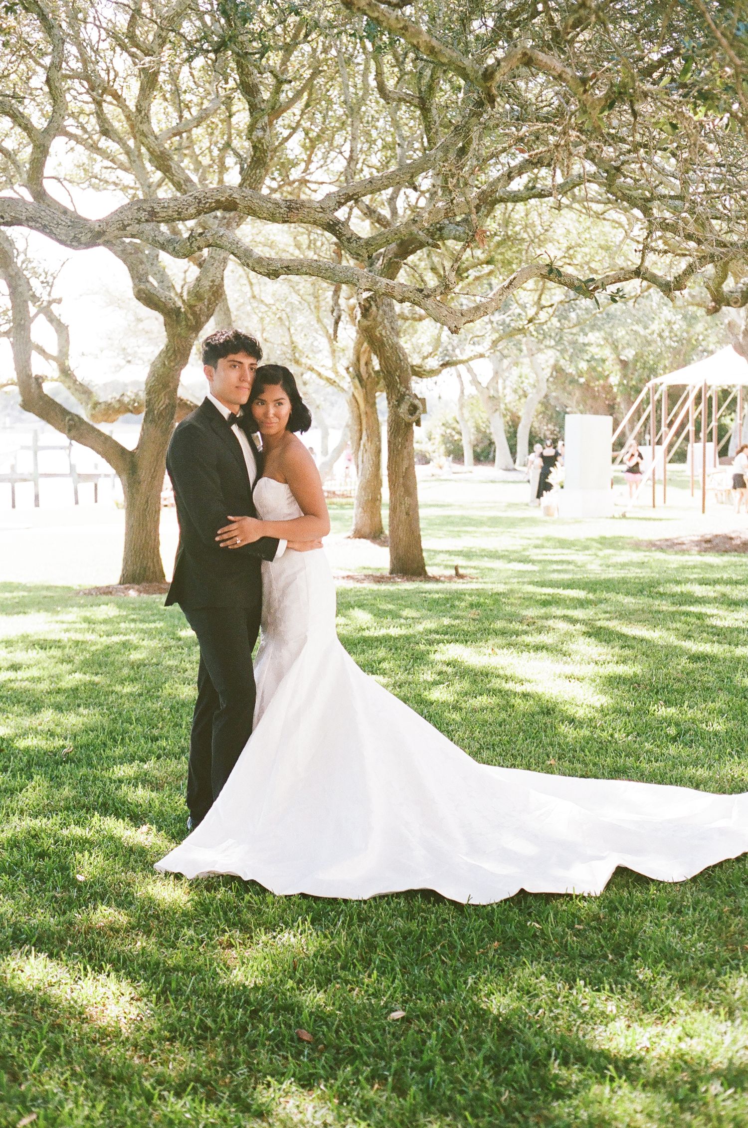 Romantic outdoor wedding portrait under sprawling oak trees.
