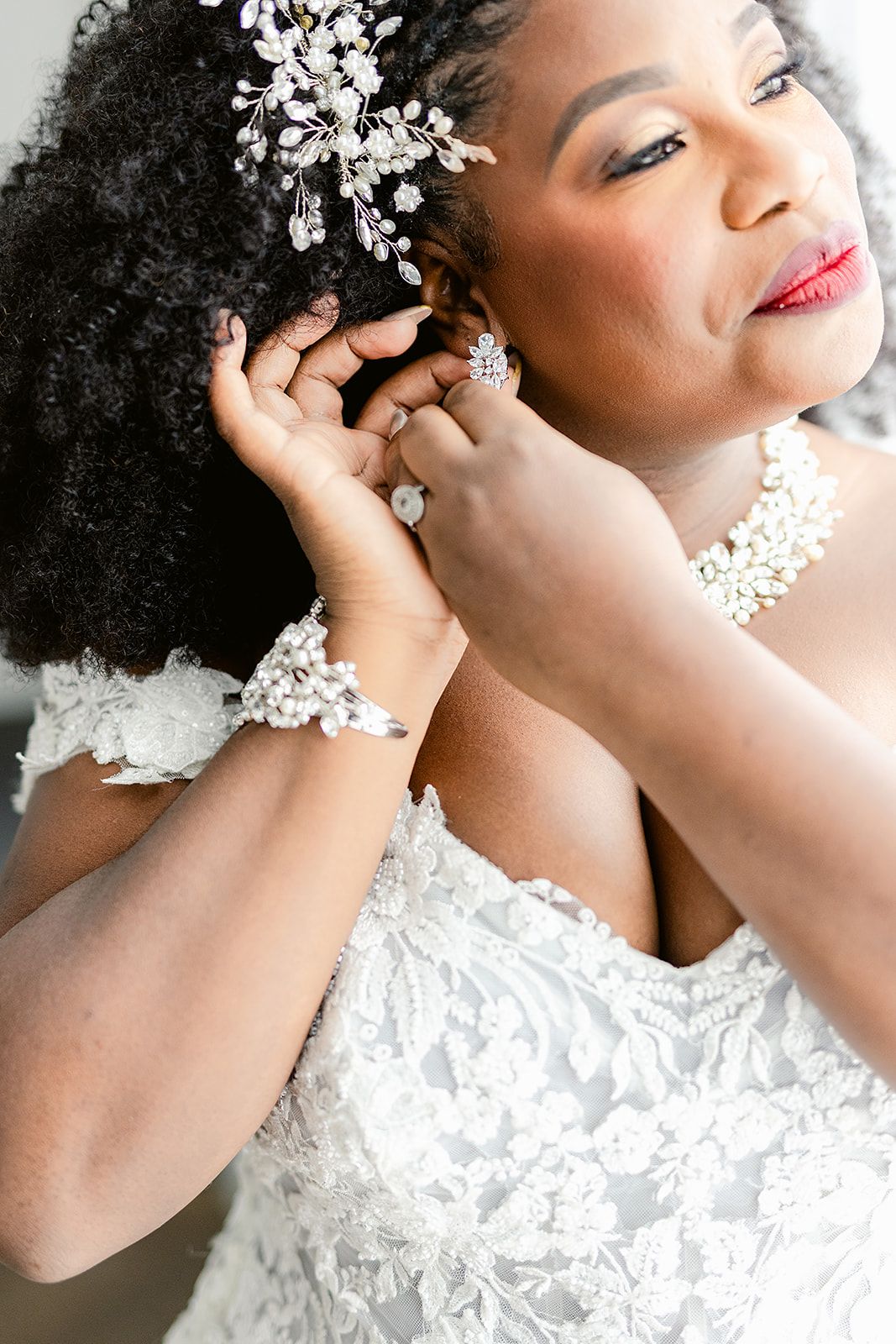 A close-up series of artistic bridal portraits showing white lace details and delicate floral accessories.