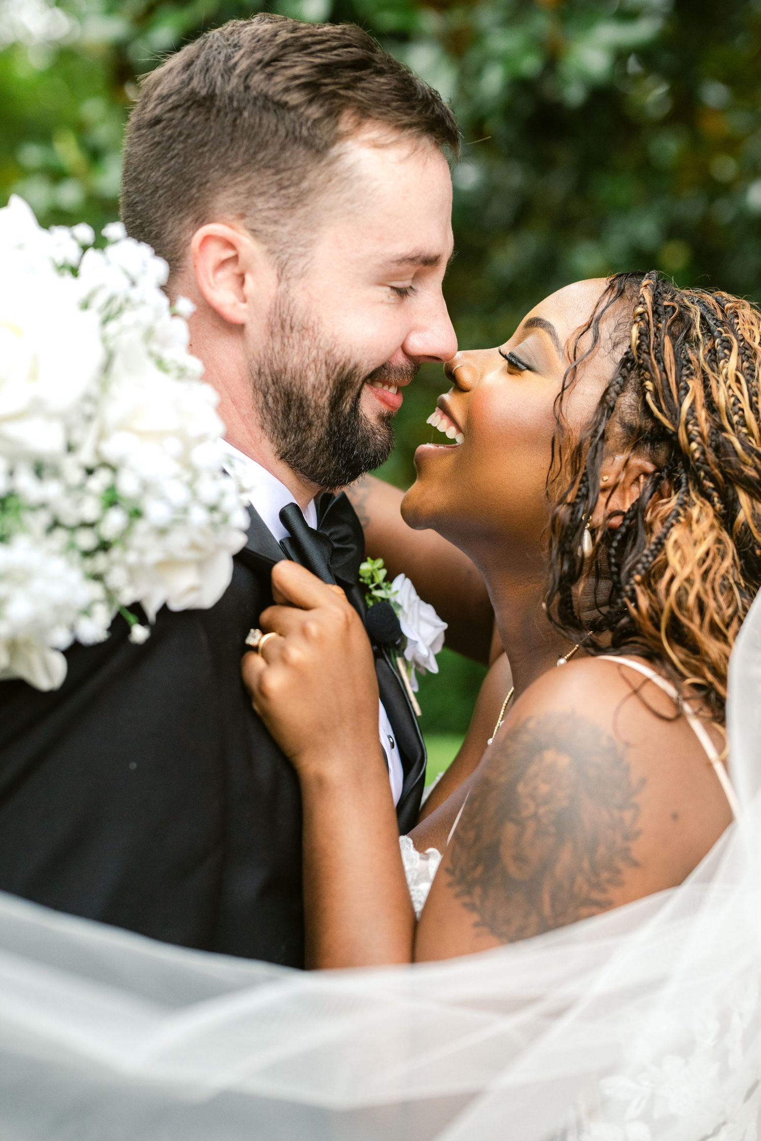Intimate wedding photography sequence showing joyful expressions and tender moments between newlyweds.