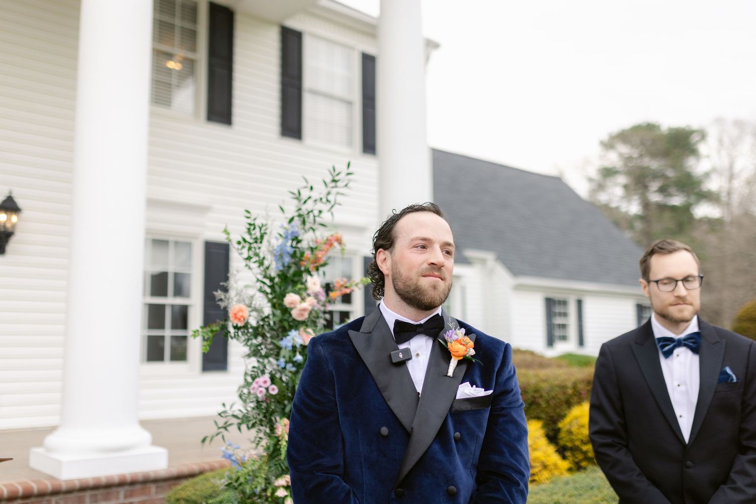A collage of wedding photos showing moments from an outdoor ceremony and reception at a white house venue.