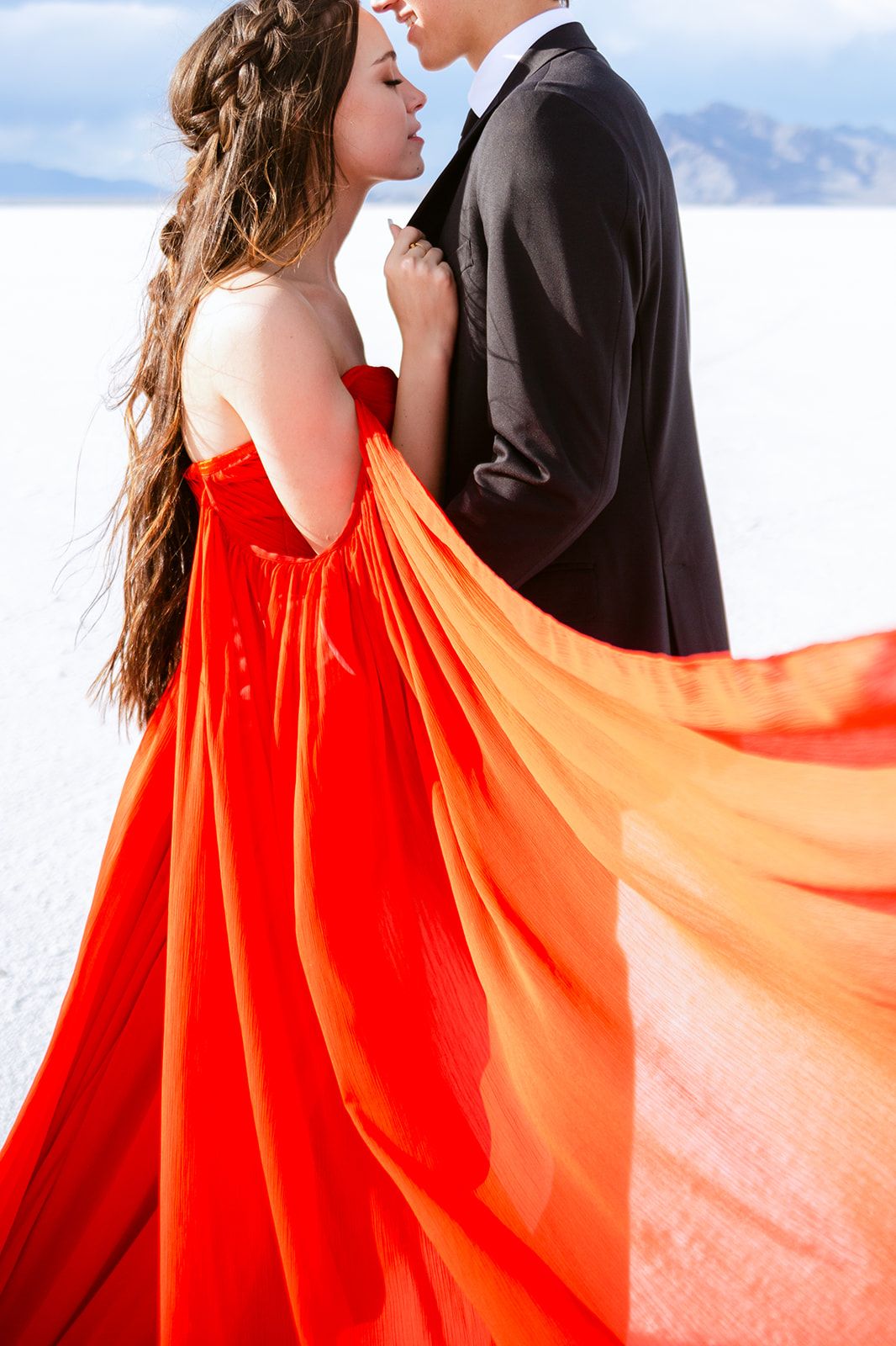 red dress engagement shoot Oh Canada! Is Perfect For A Winter Wonderland Engagement Shoot