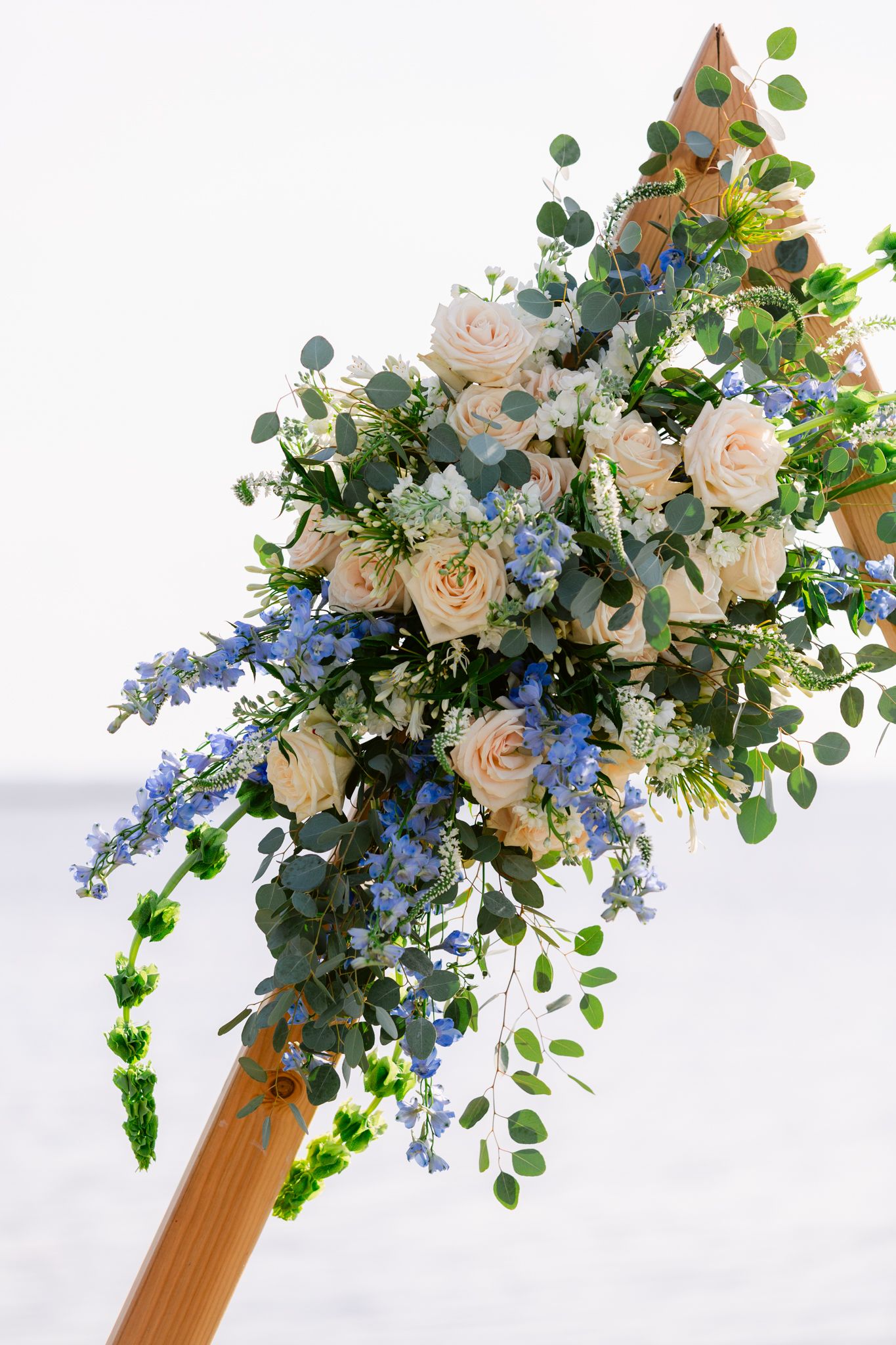Elegant floral arrangement with cream roses and blue delphinium flowers cascading down a wooden arch for a wedding ceremony.