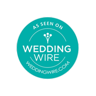 Teal and white wedding website badges and logos from Ring Wire in circular shapes.