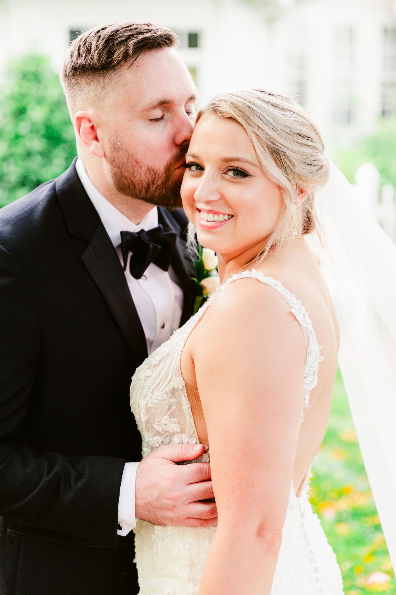 A romantic wedding portrait series showing tender moments between a couple in formal attire against a soft outdoor background.