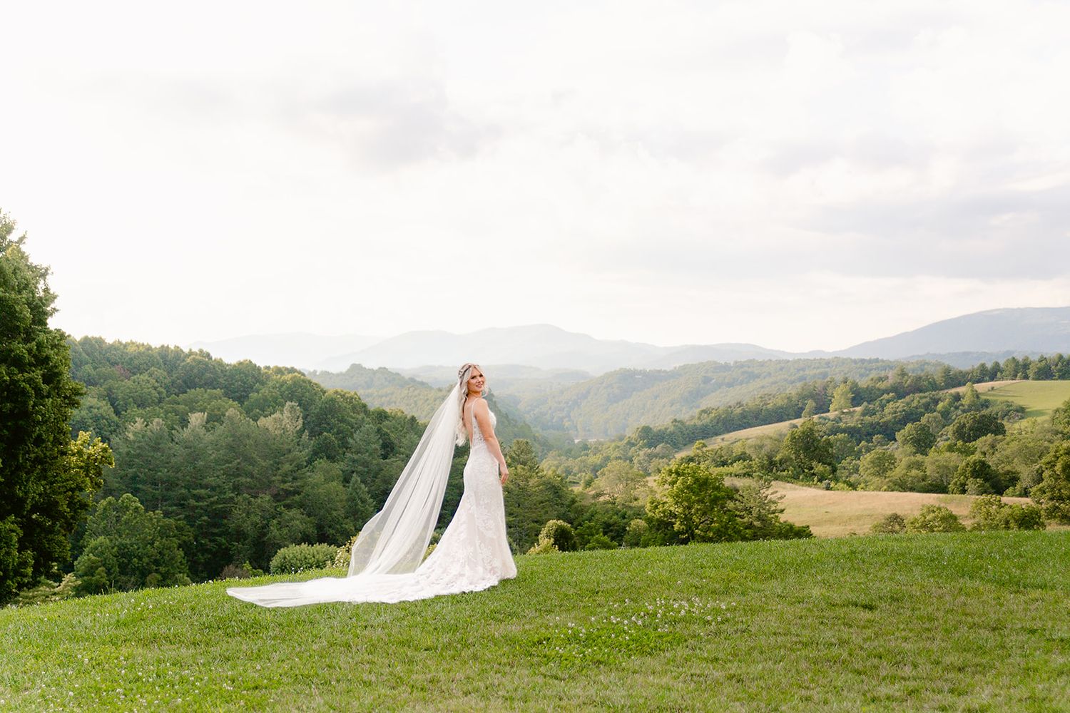Elegant bridal silhouette against mountain landscape with flowing cathedral veil.