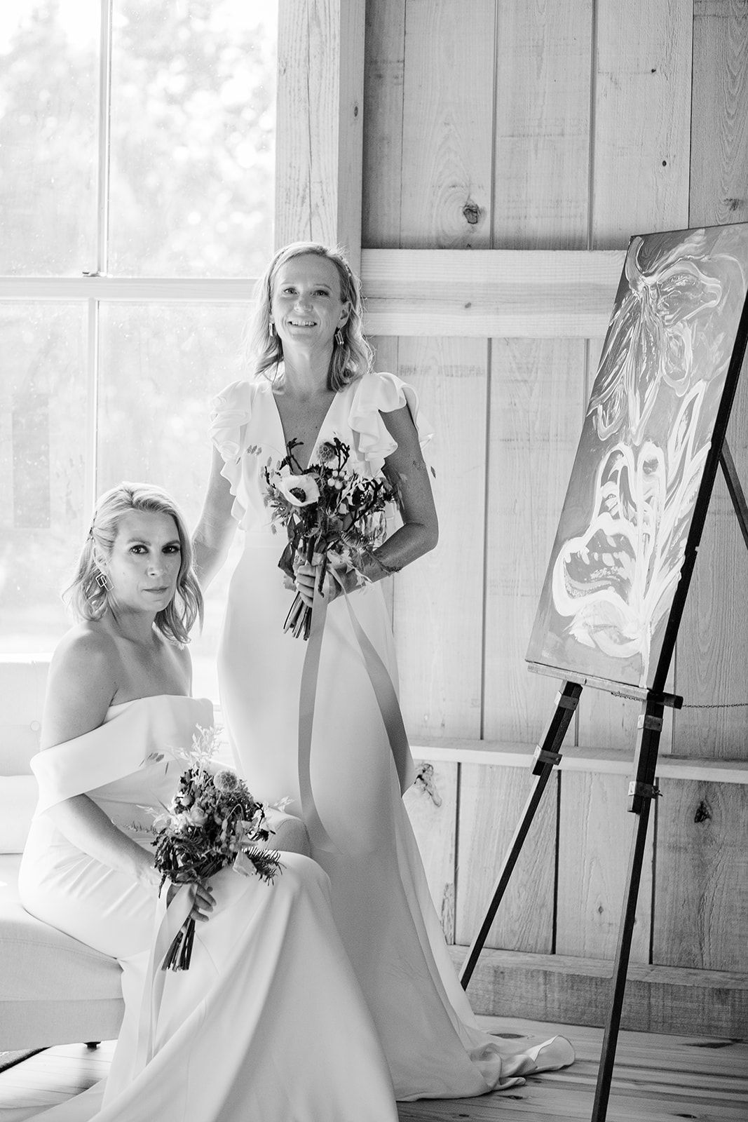 A series of black and white photos showing a person in a white dress holding a bouquet against a rustic backdrop.
