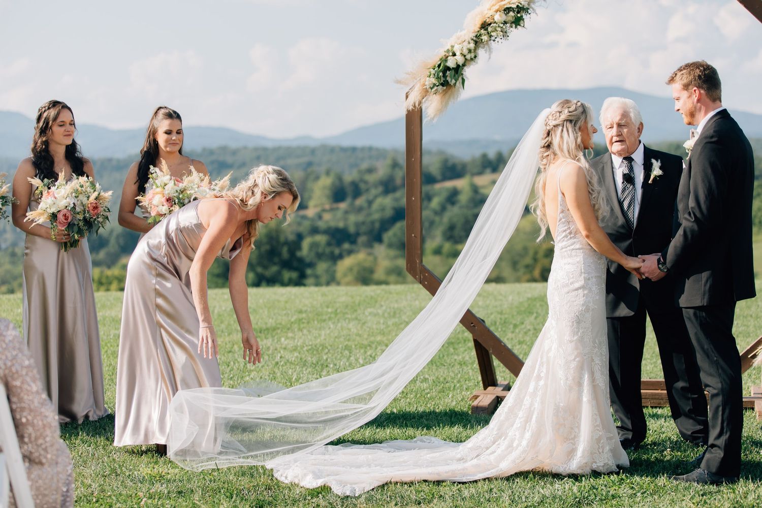 A series of wedding photos showing couples in formal attire against a scenic mountain backdrop on a sunny day.