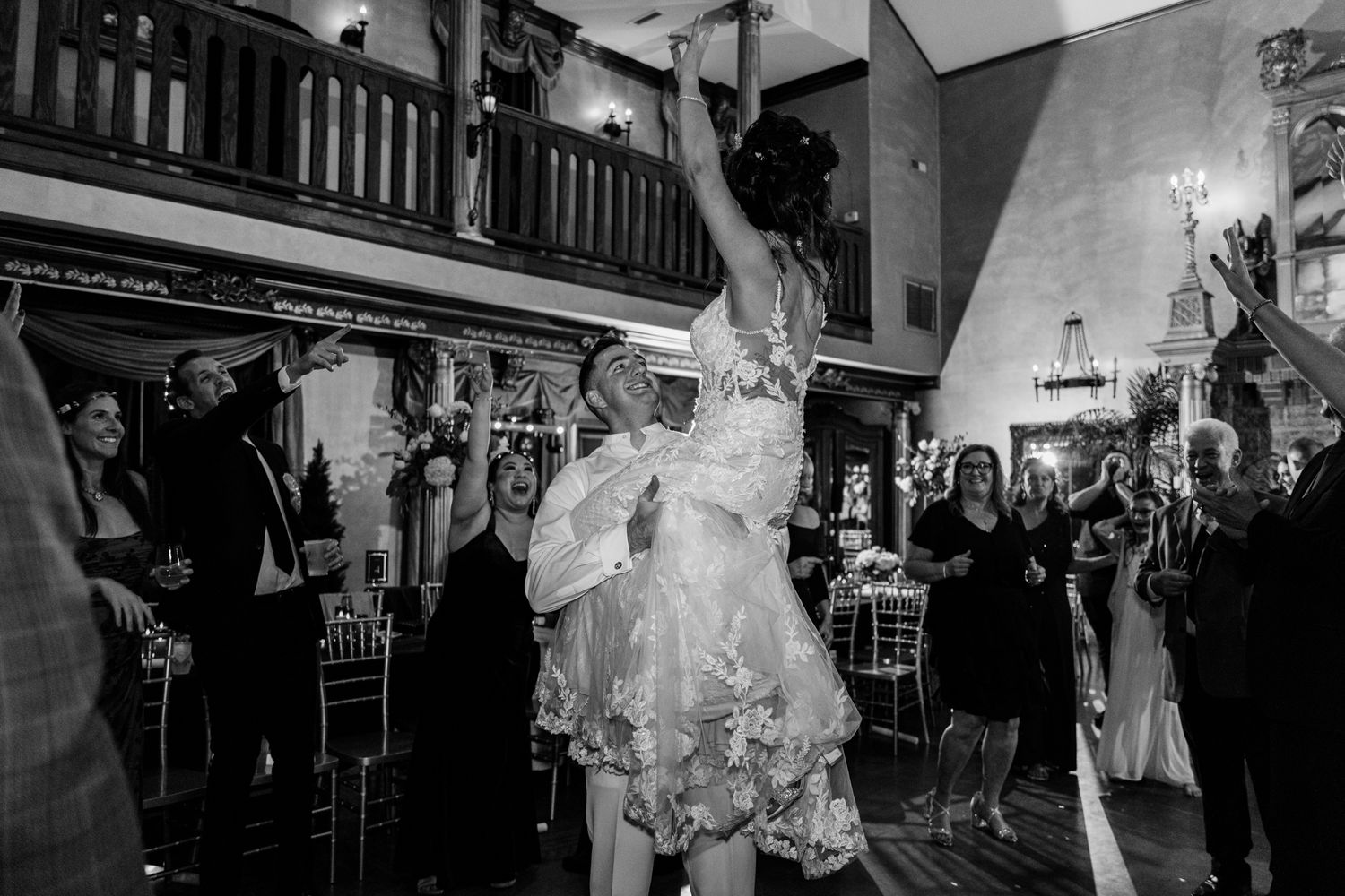 A black and white photo collage showing multiple wedding reception scenes with dancing and celebration moments.