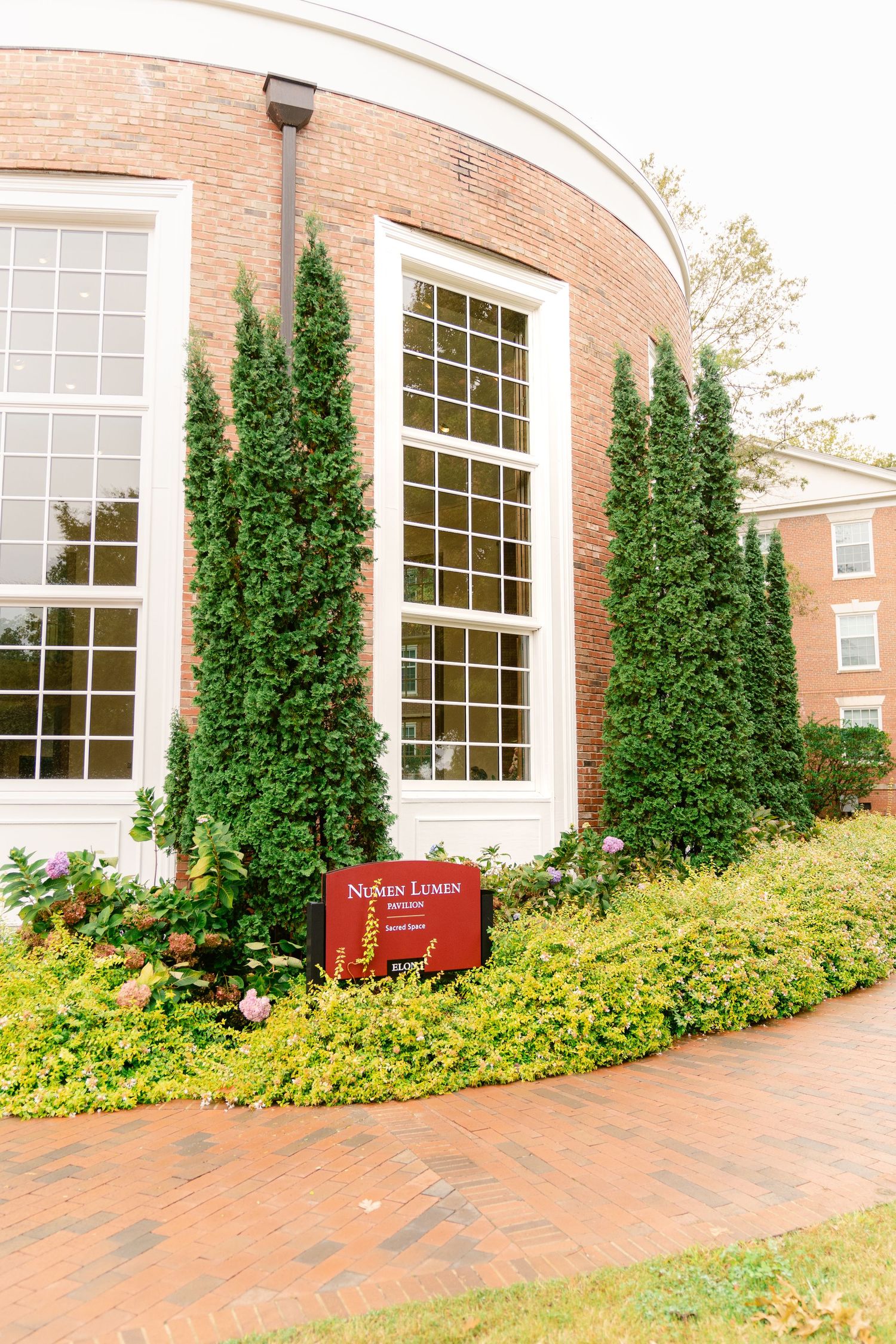 Curved brick building exterior with large windows and manicured landscaping featuring green shrubs and yellow flowers.
