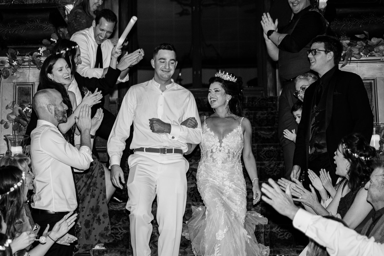 Black and white photo collage showing people dancing and celebrating at what appears to be a party or celebration.