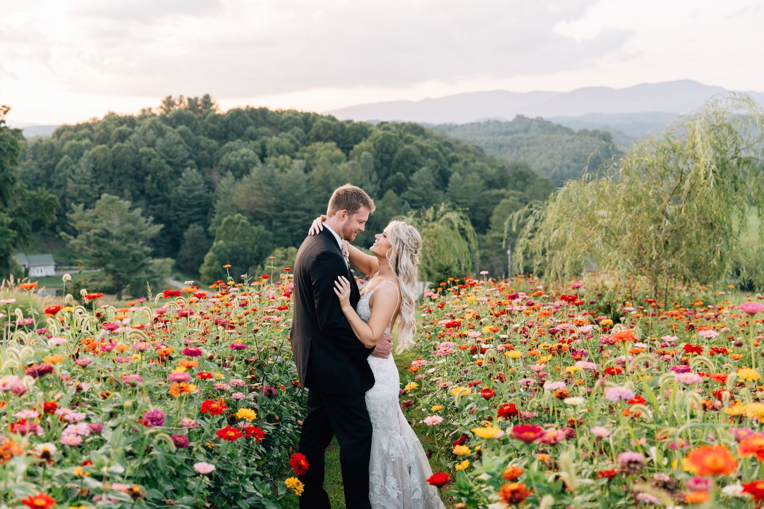 A couple embraces in a vibrant field of red poppies with rolling mountains in the background during sunset.