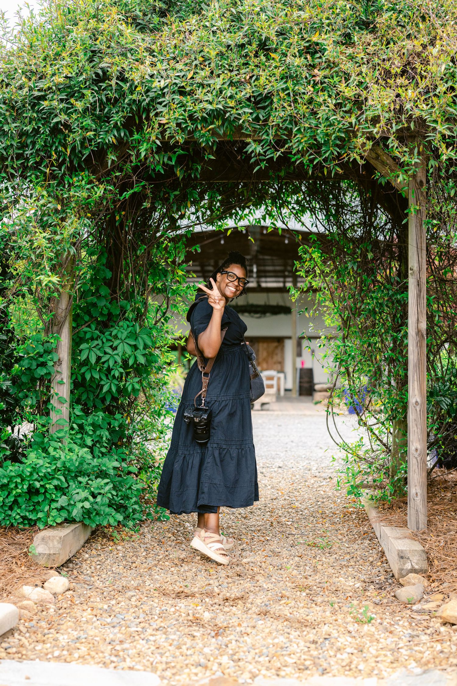 A sequence of photos showing someone playfully hiding behind trees in a garden path with mulch ground cover.