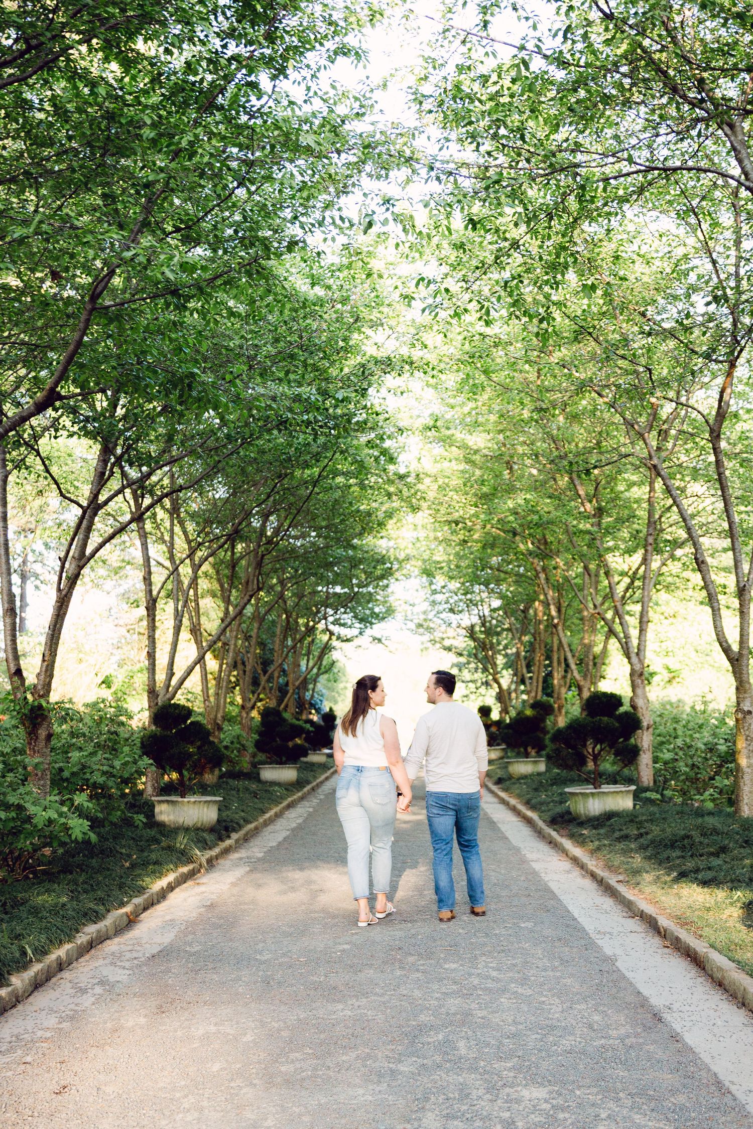 A series of photos showing couples walking down a tree-lined path in a park setting.