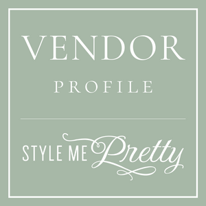 A minimalist sage green vendor profile design for Style Me Pretty with elegant white typography and decorative flourish.