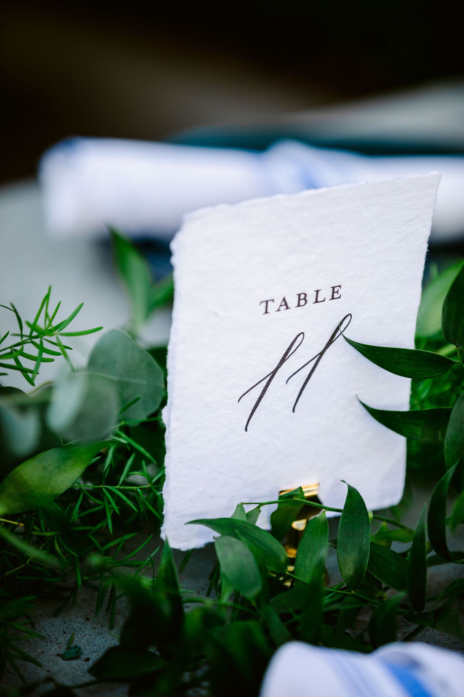 White table number cards nestled among green foliage create an elegant wedding reception detail.