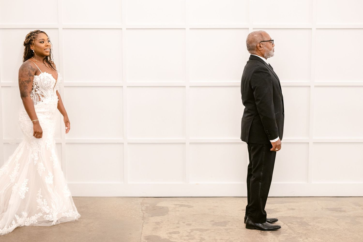 A sequence of wedding photos showing a couple and their wedding party walking and posing in a white minimalist setting.