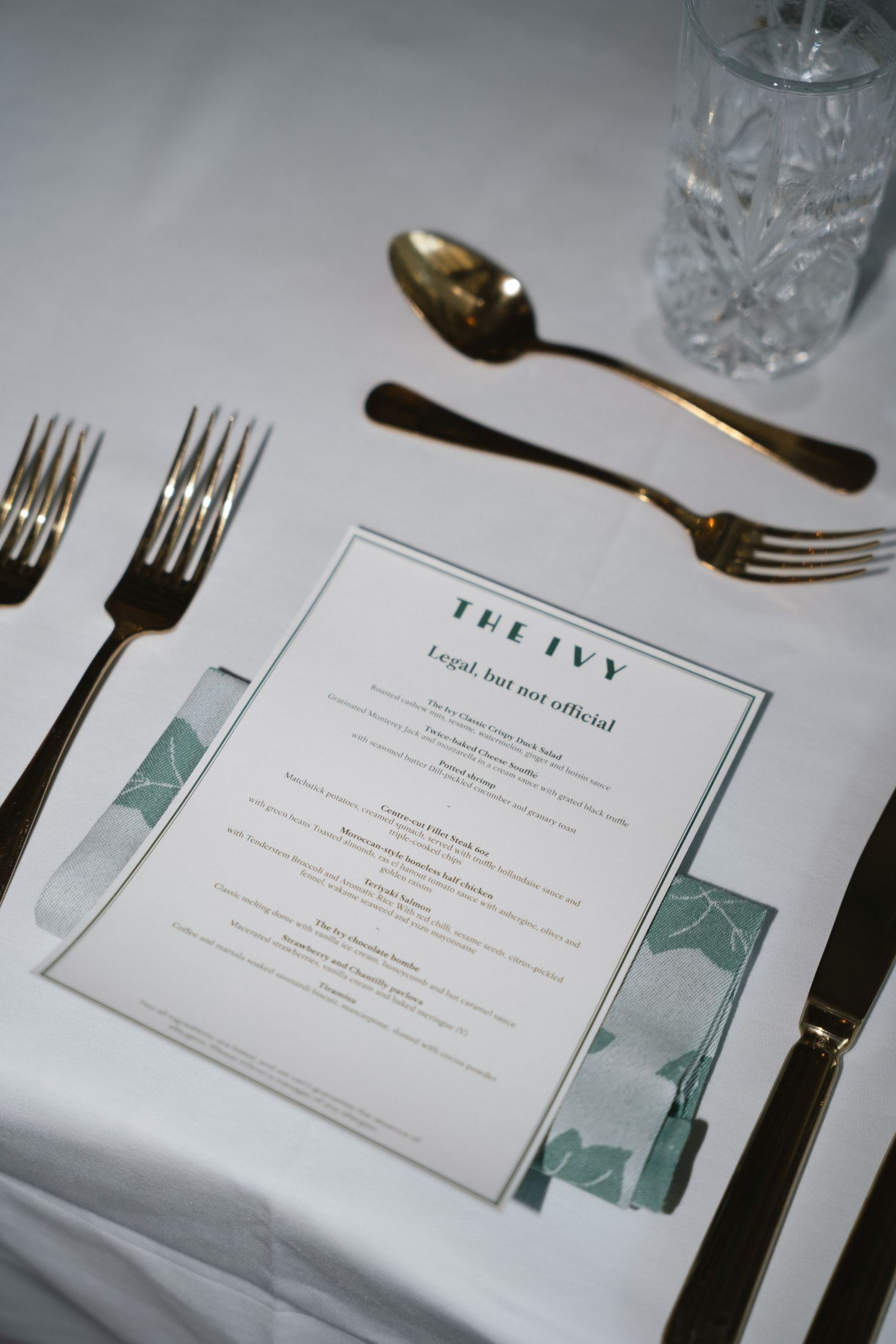 The Ivy set menu. Wedding reception