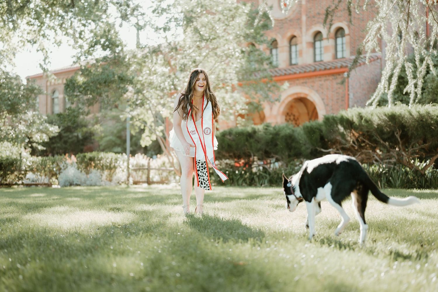 A collection of candid outdoor photos showing people walking and relaxing on a grassy lawn near brick buildings.