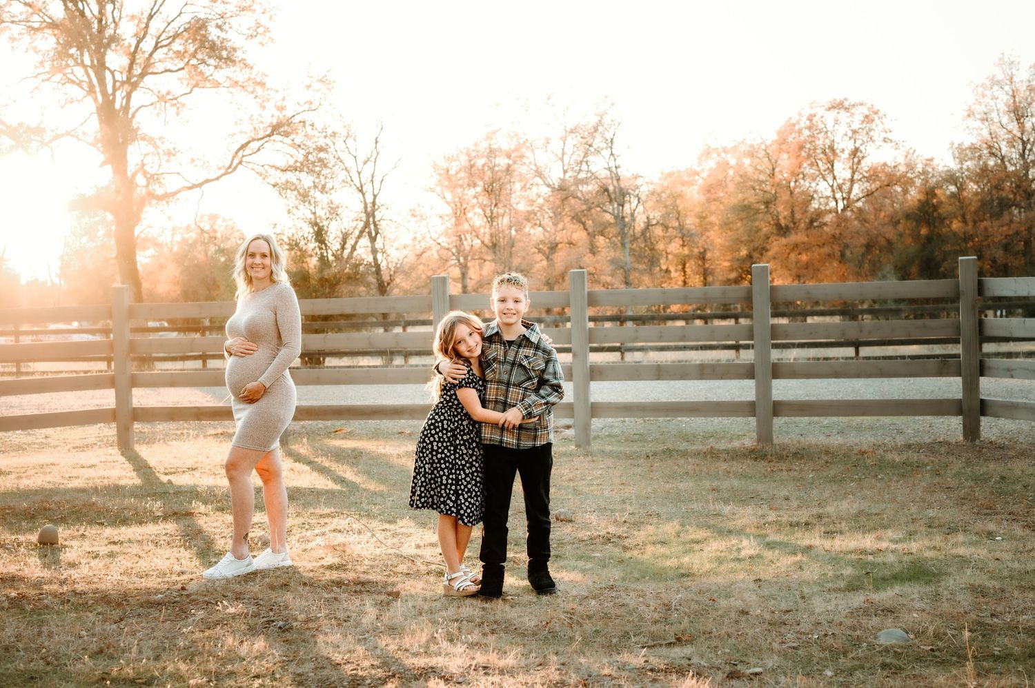 A series of romantic engagement photos at golden hour showing a couple together by a wooden fence in a rural setting.