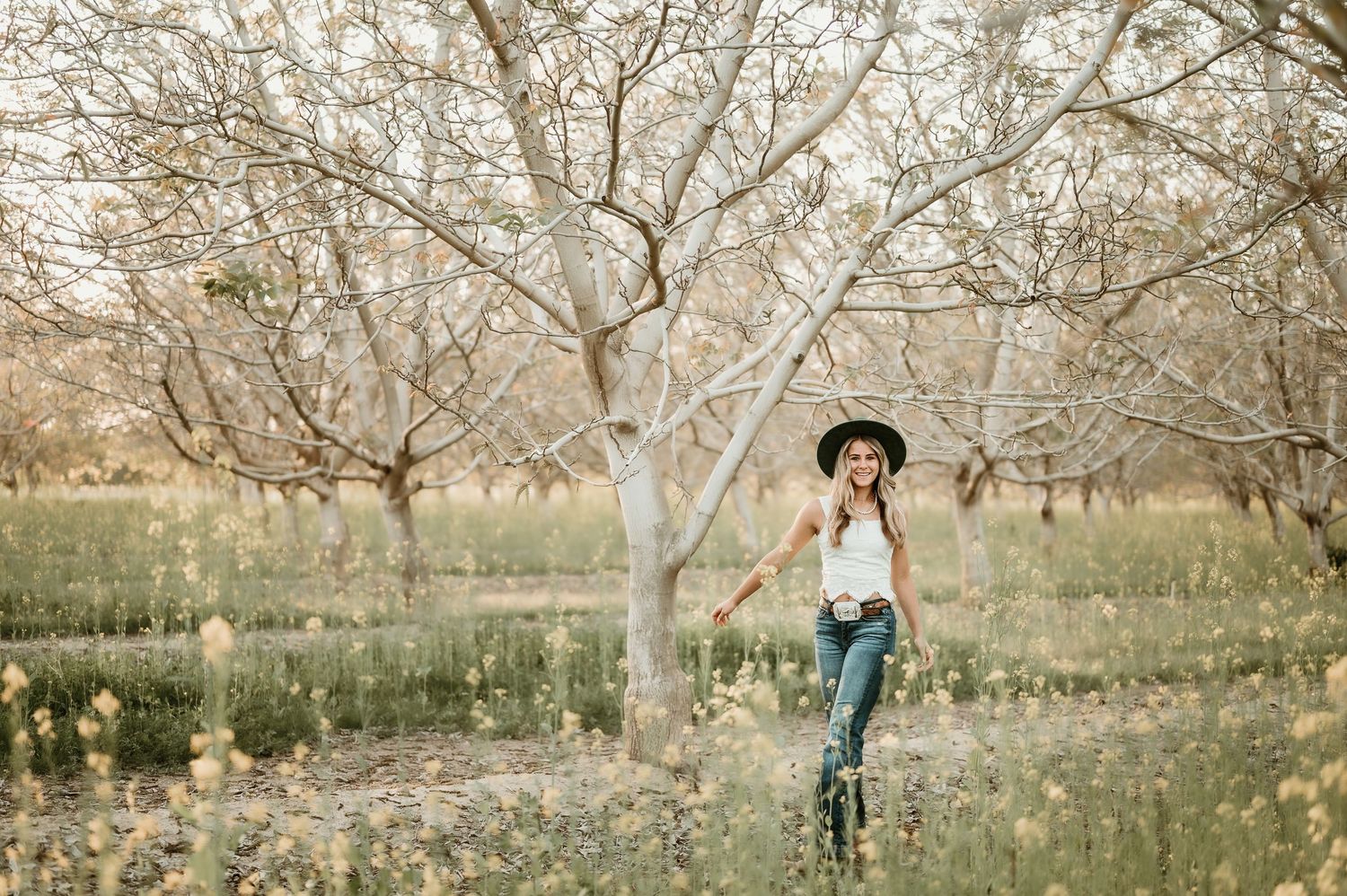 A scenic orchard in spring with white blossoms on trees and people walking through the blooming landscape.