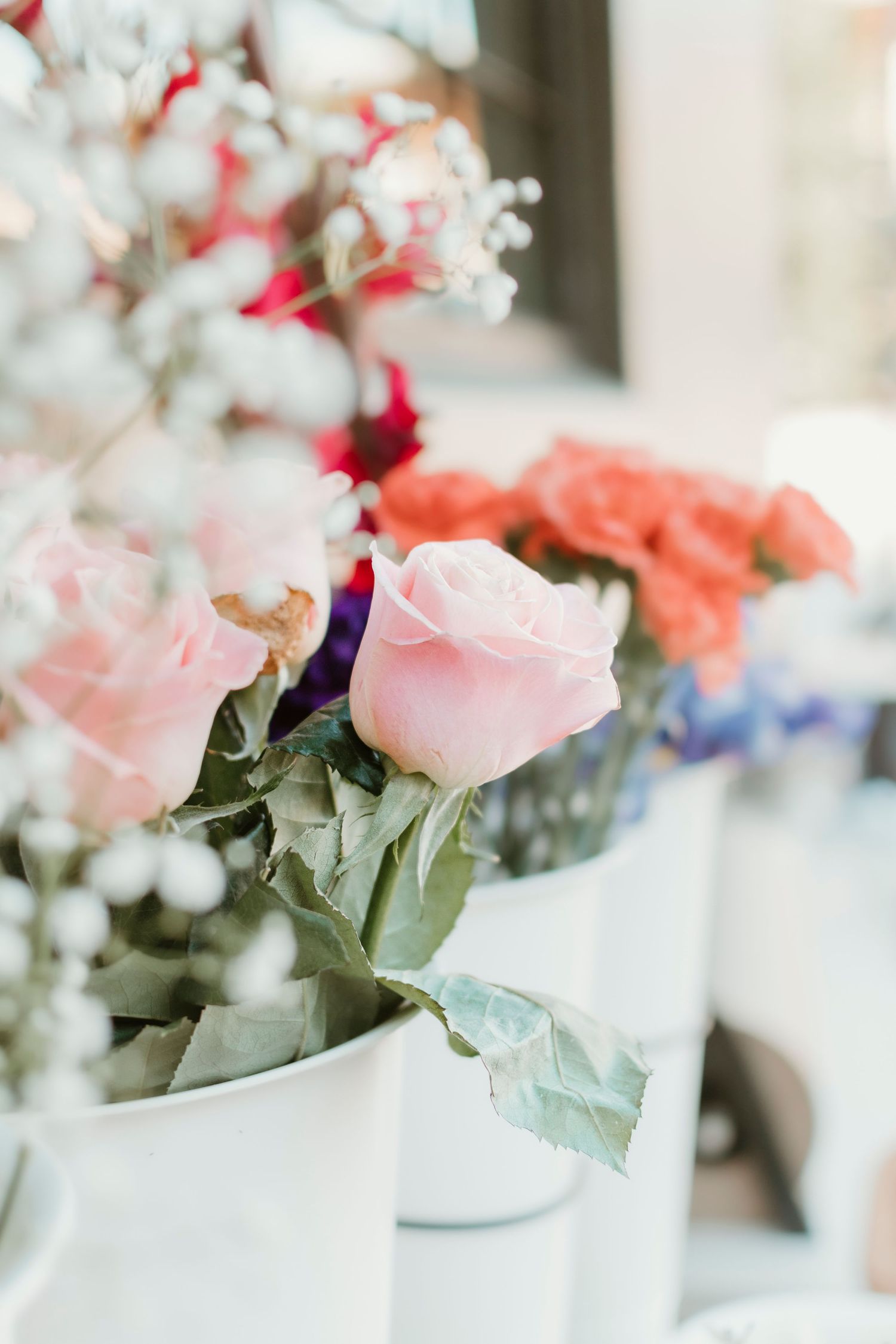 Pink roses and white baby's breath flowers arranged in white vases against a light background.