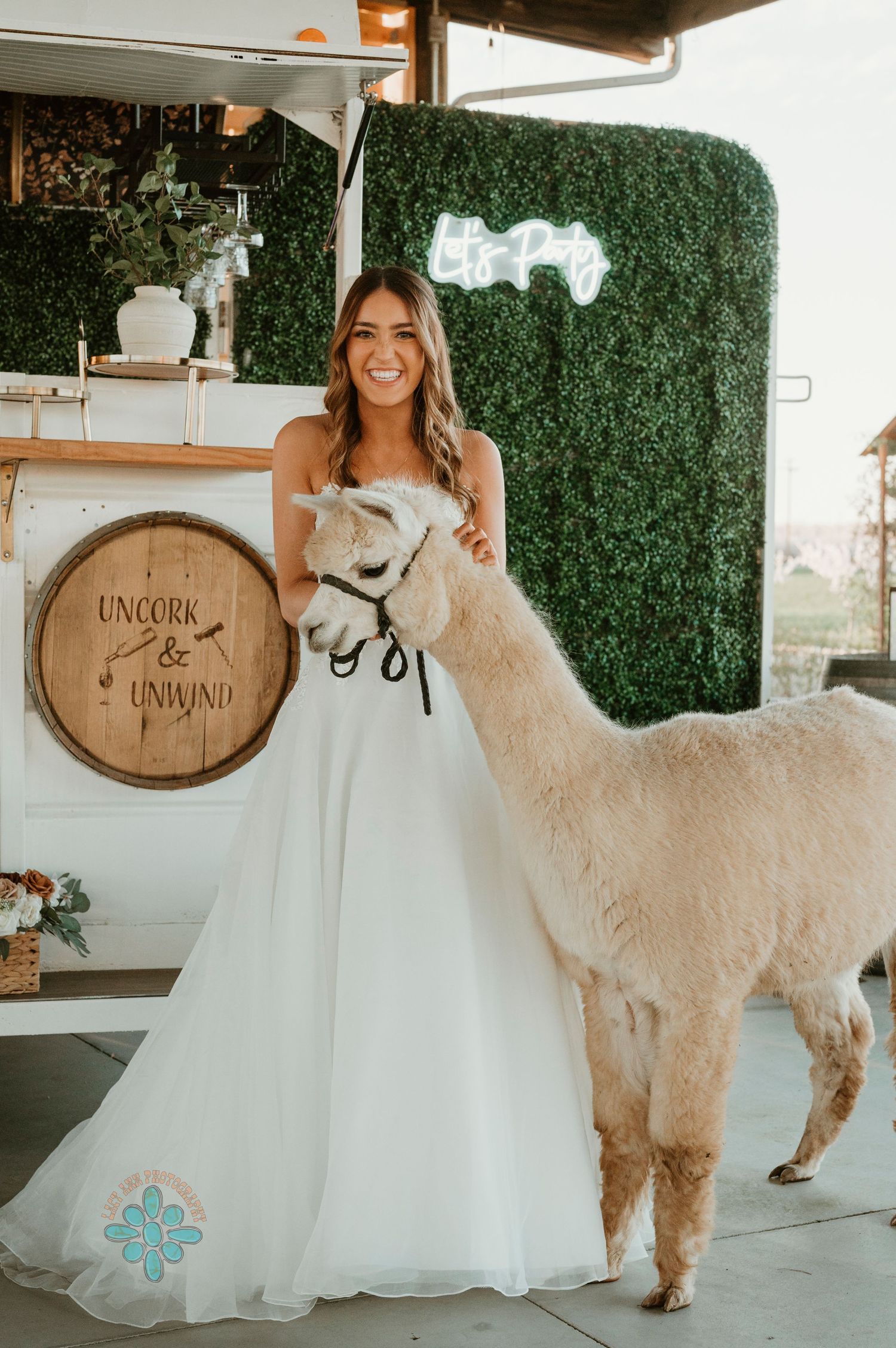 Wedding scene featuring white llama and decorated mobile bar with greenery wall.