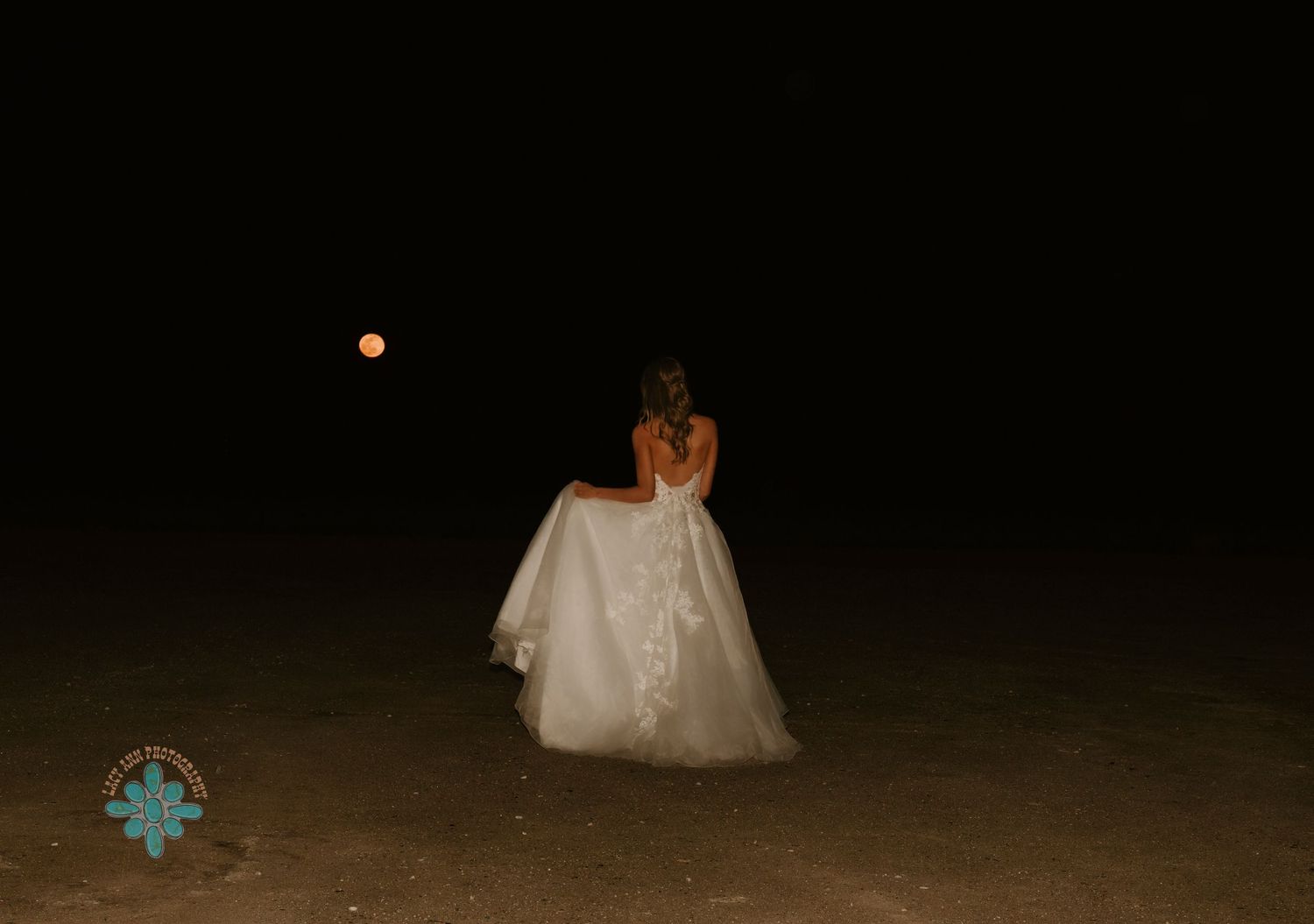 A silhouetted figure in a wedding dress stands under the night sky with a glowing moon.
