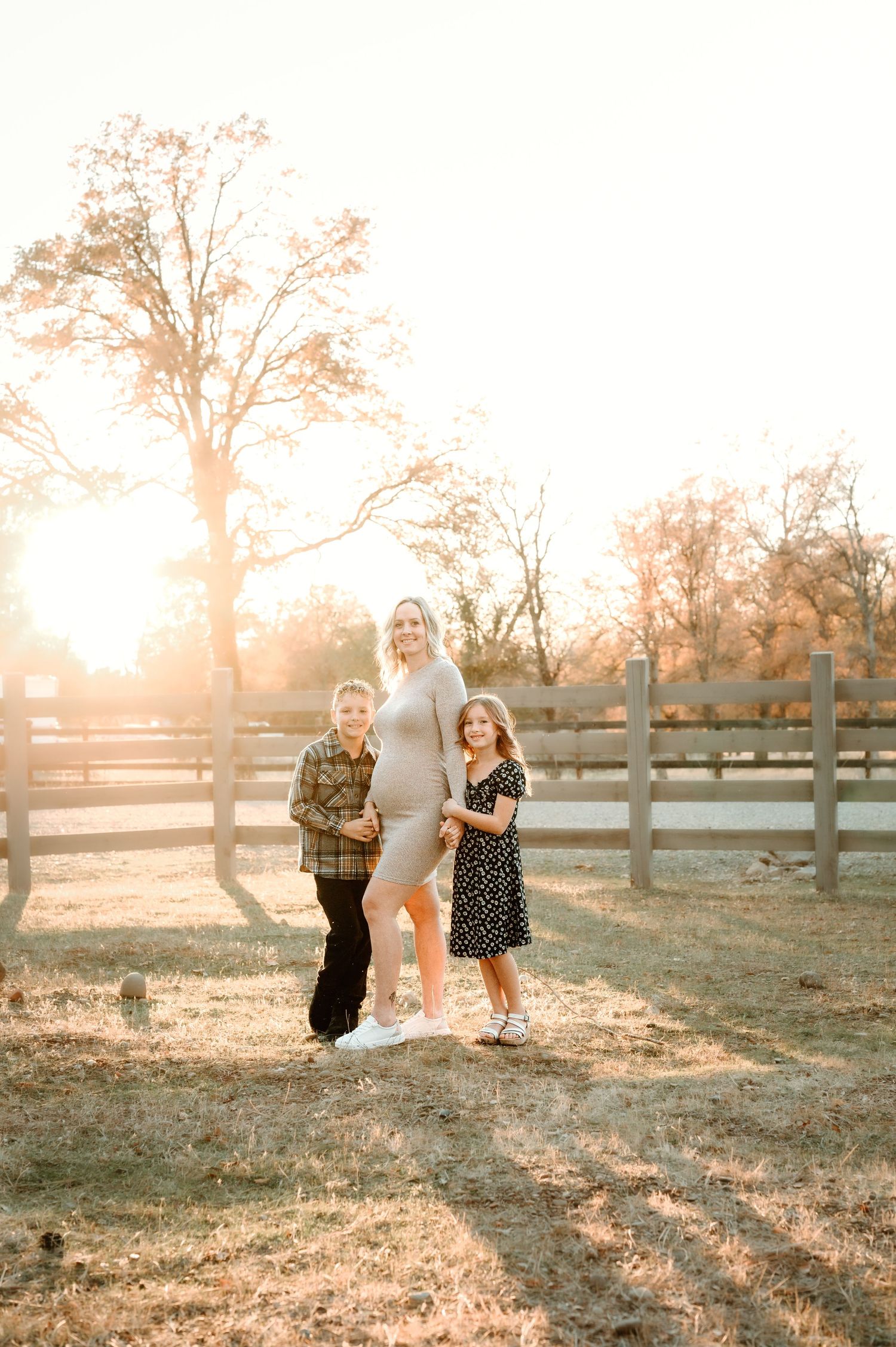 A family poses outdoors in a fenced field during golden hour sunset with beautiful backlit sunlight streaming through trees.
