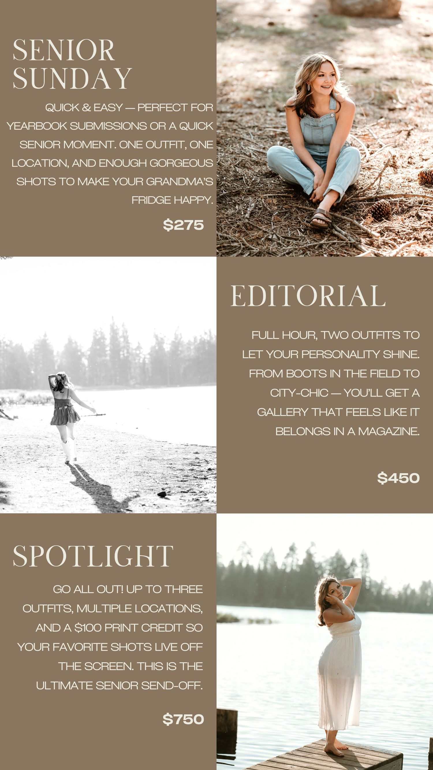 Collage of professional photography marketing materials showing nature and lifestyle scenes with price lists and service details.