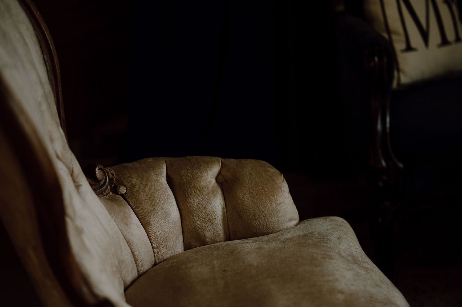 Close-up of a plush beige velvet couch cushion in dim lighting.