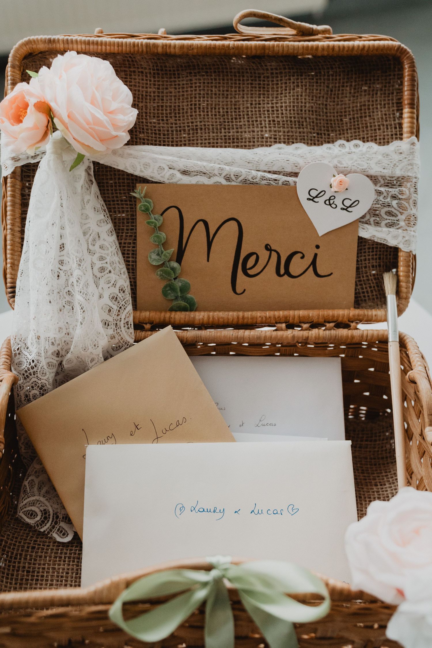 Panier en osier de style vintage contenant des cartes de remerciement et une pancarte « Merci » décorée de dentelle et de roses.