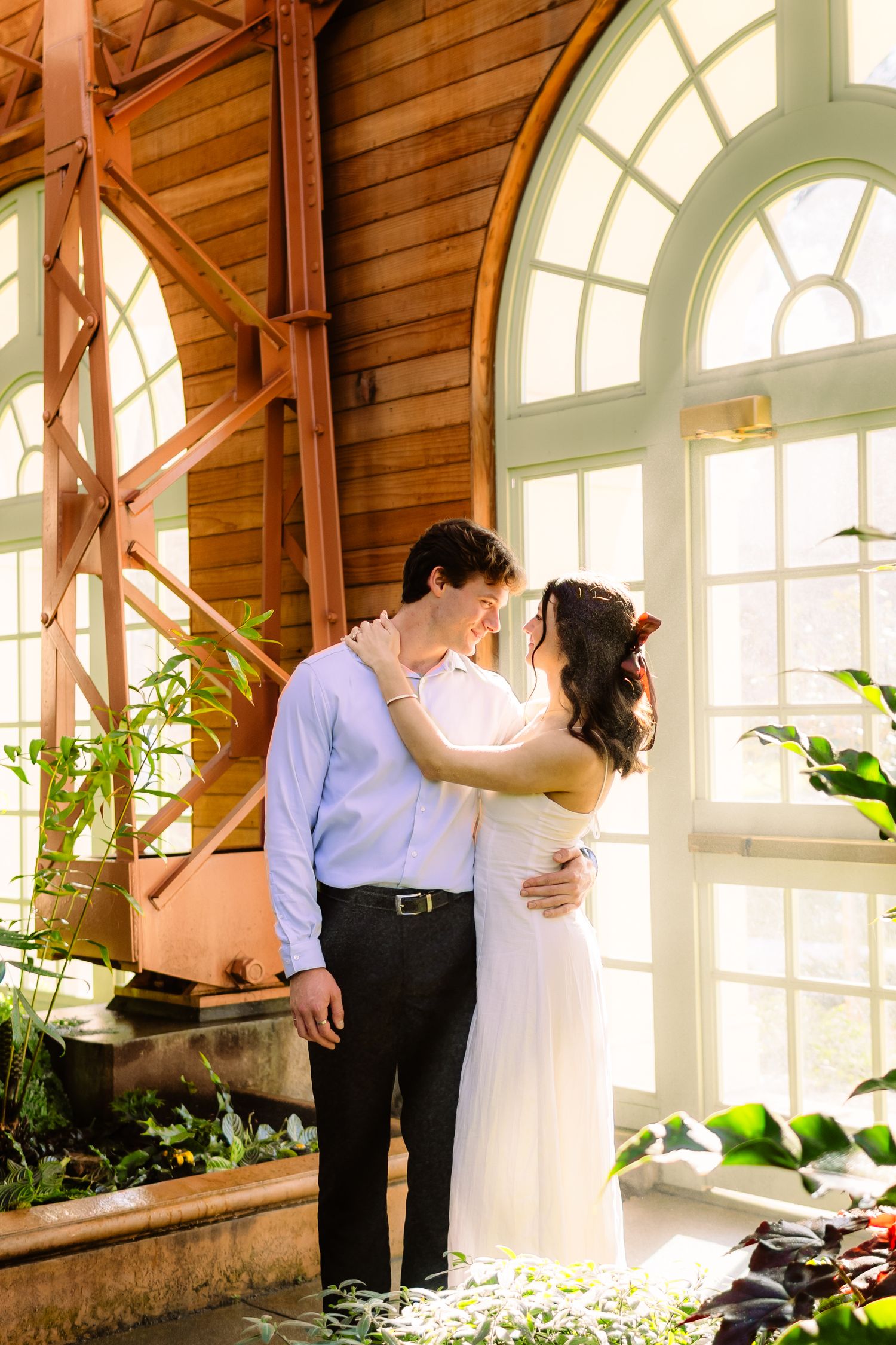 A romantic moment captured in a sunlit greenhouse with arched windows and wooden beams.