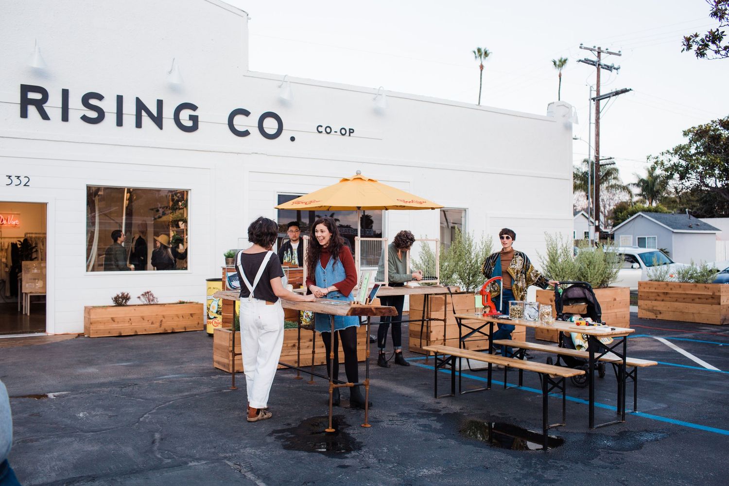 A collage of exterior and interior views showing a modern coffee shop with Rising Co signage and outdoor seating areas.